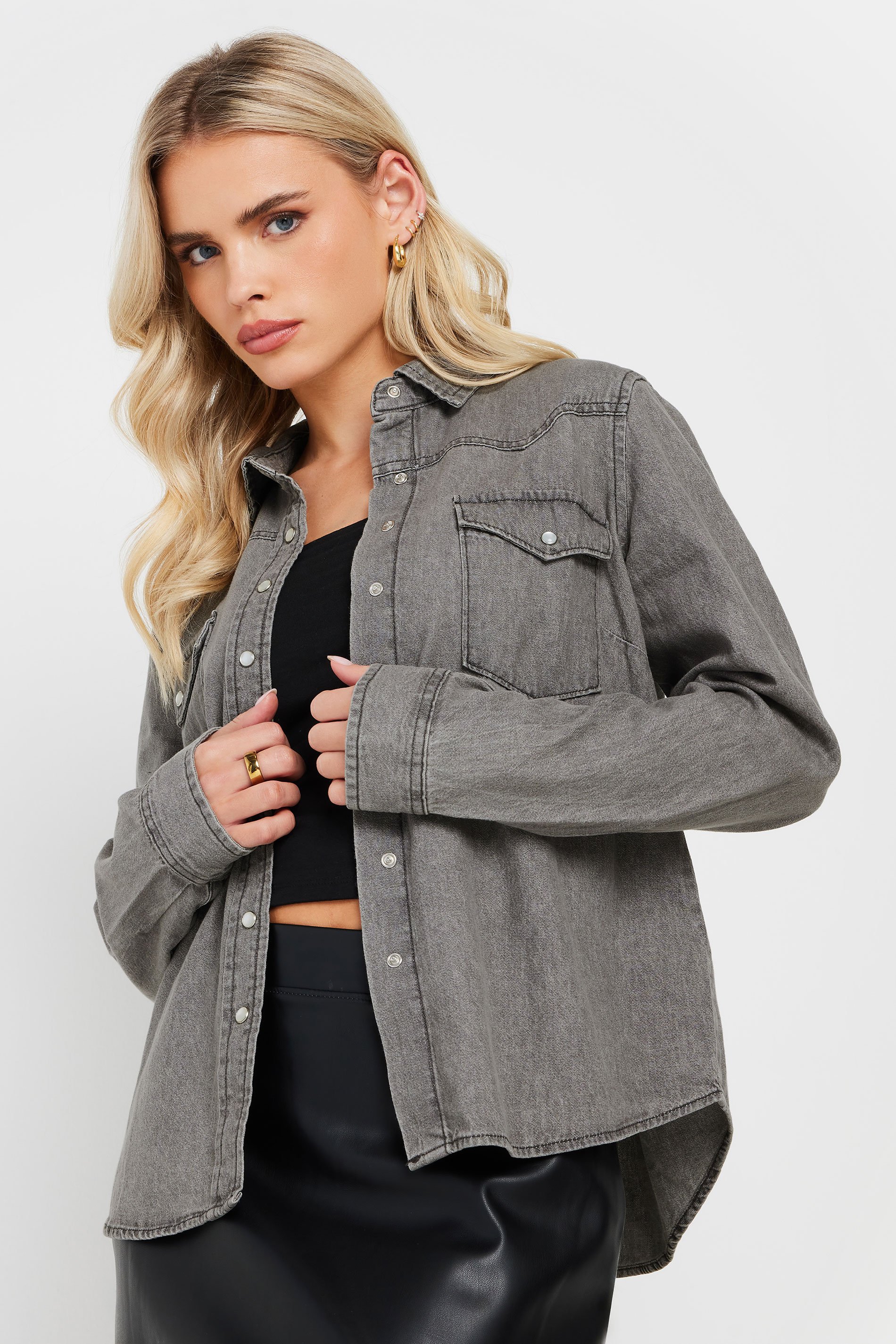 PixieGirl Petite Women's Charcoal Grey Washed Denim Shirt | PixieGirl 1
