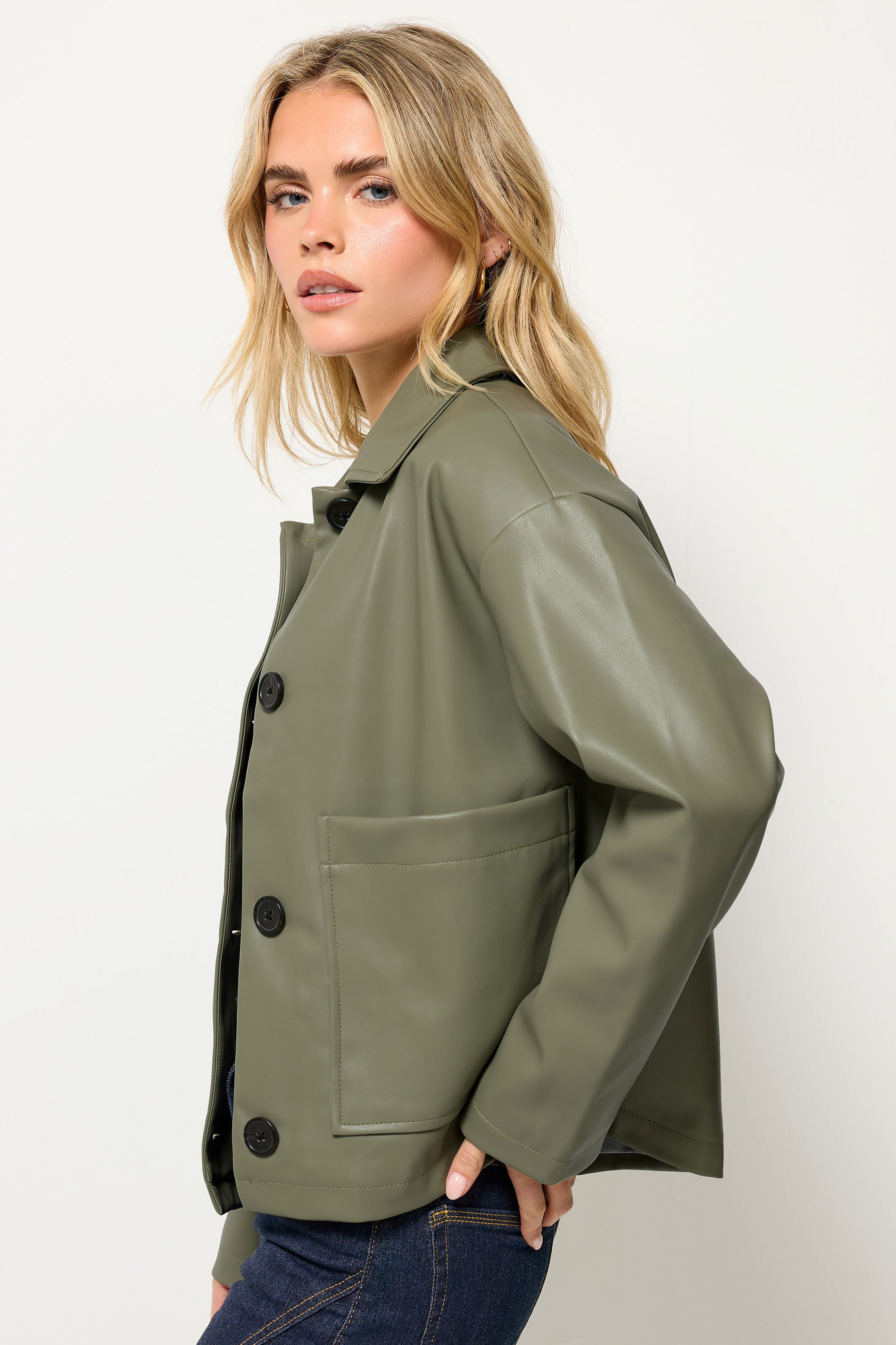 PixieGirl Petite Women's Green Faux Leather Pocket Jacket | PixieGirl 1