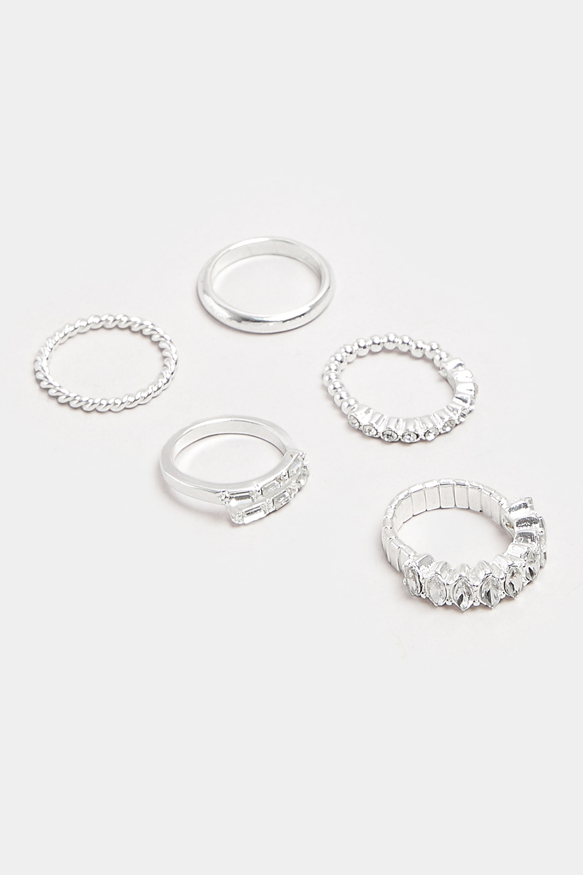 5 Pack Silver Tone Mixed Diamante Ring Set | Yours Clothing 2