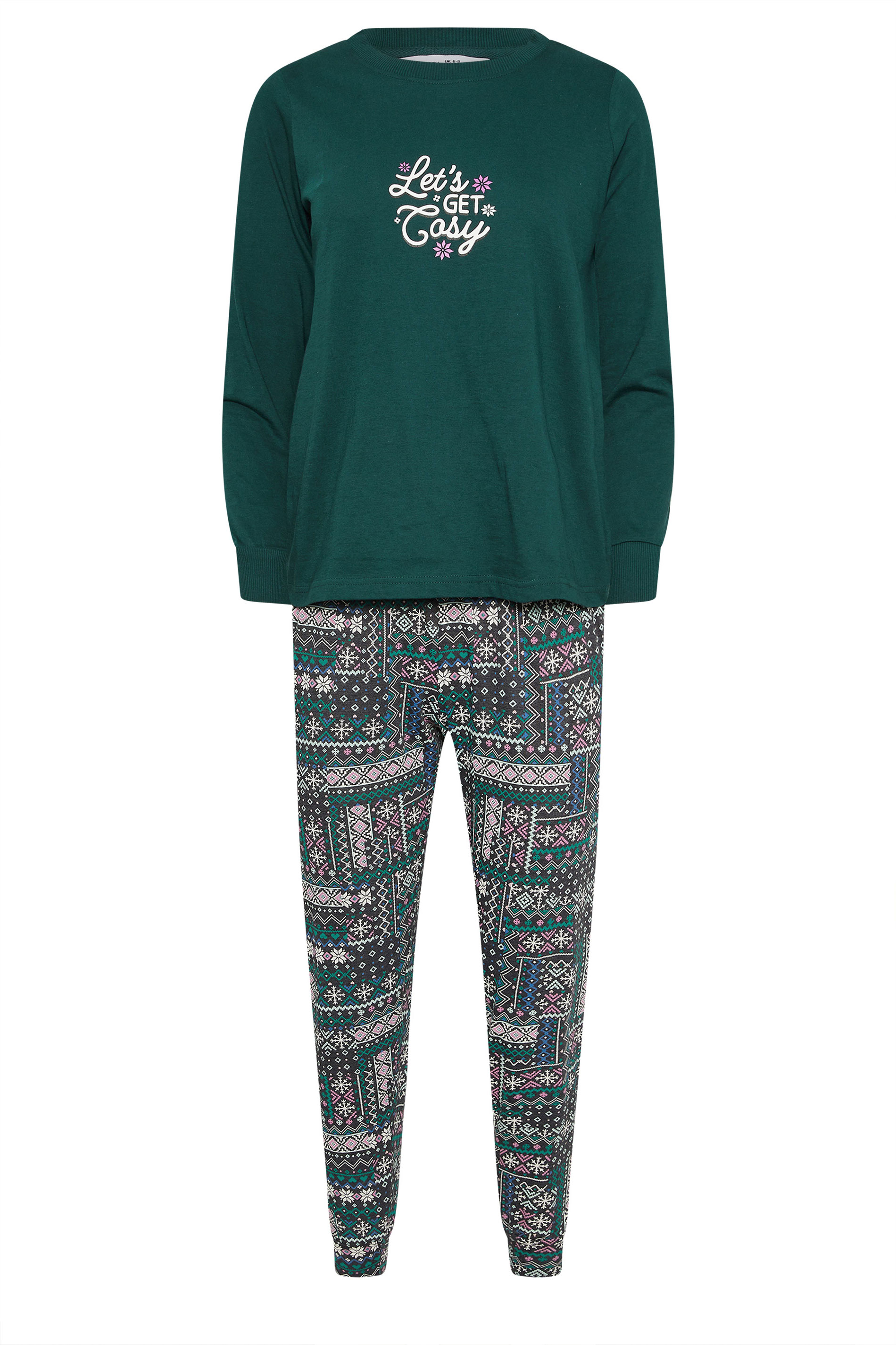 PixieGirl Petite Women's Green 'Let's Get Cosy' Snowflake Slogan Pyjama Set 6
