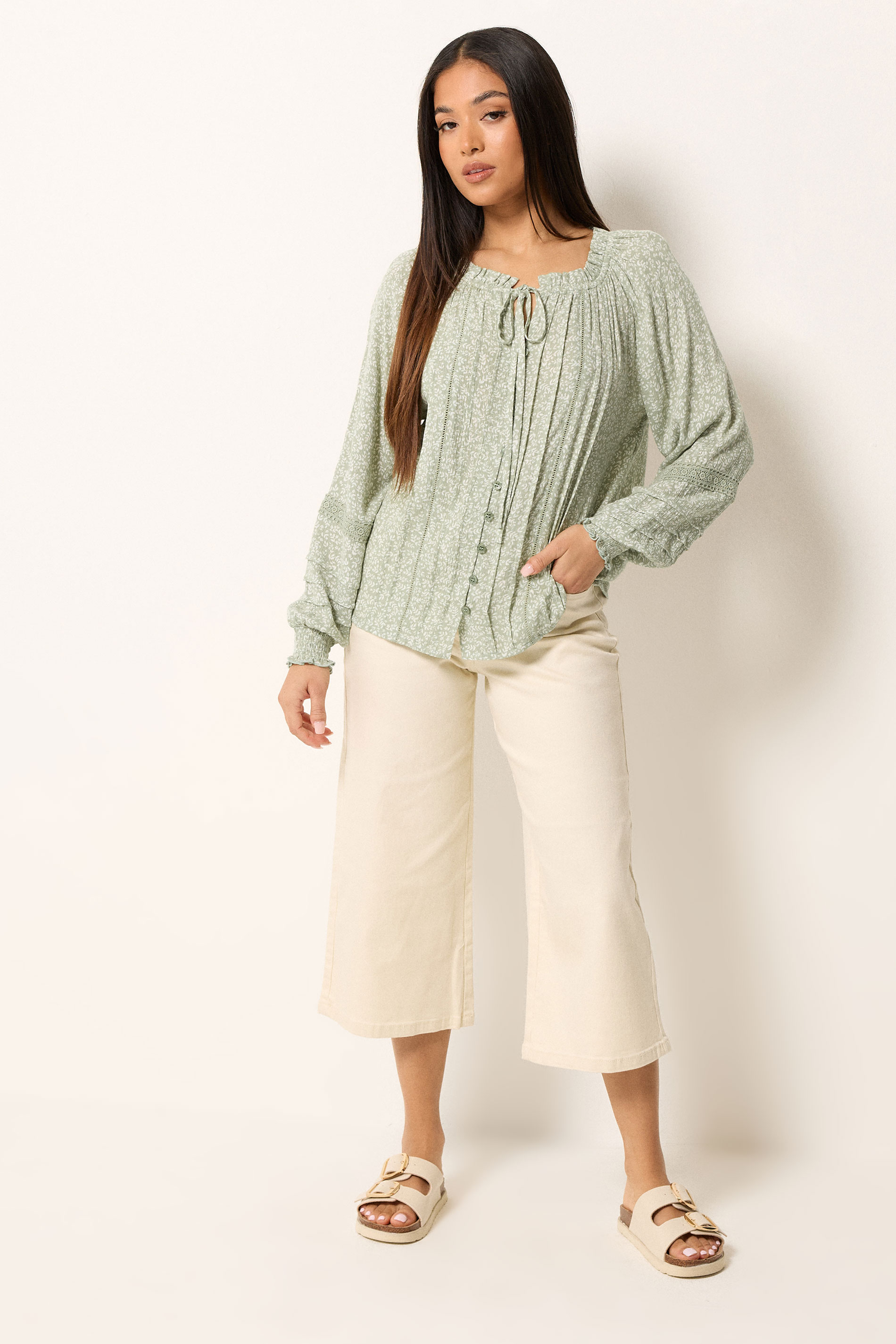 M&Co Petite Sage Green Floral Trim Detail Tie Neck Blouse | M&Co 1