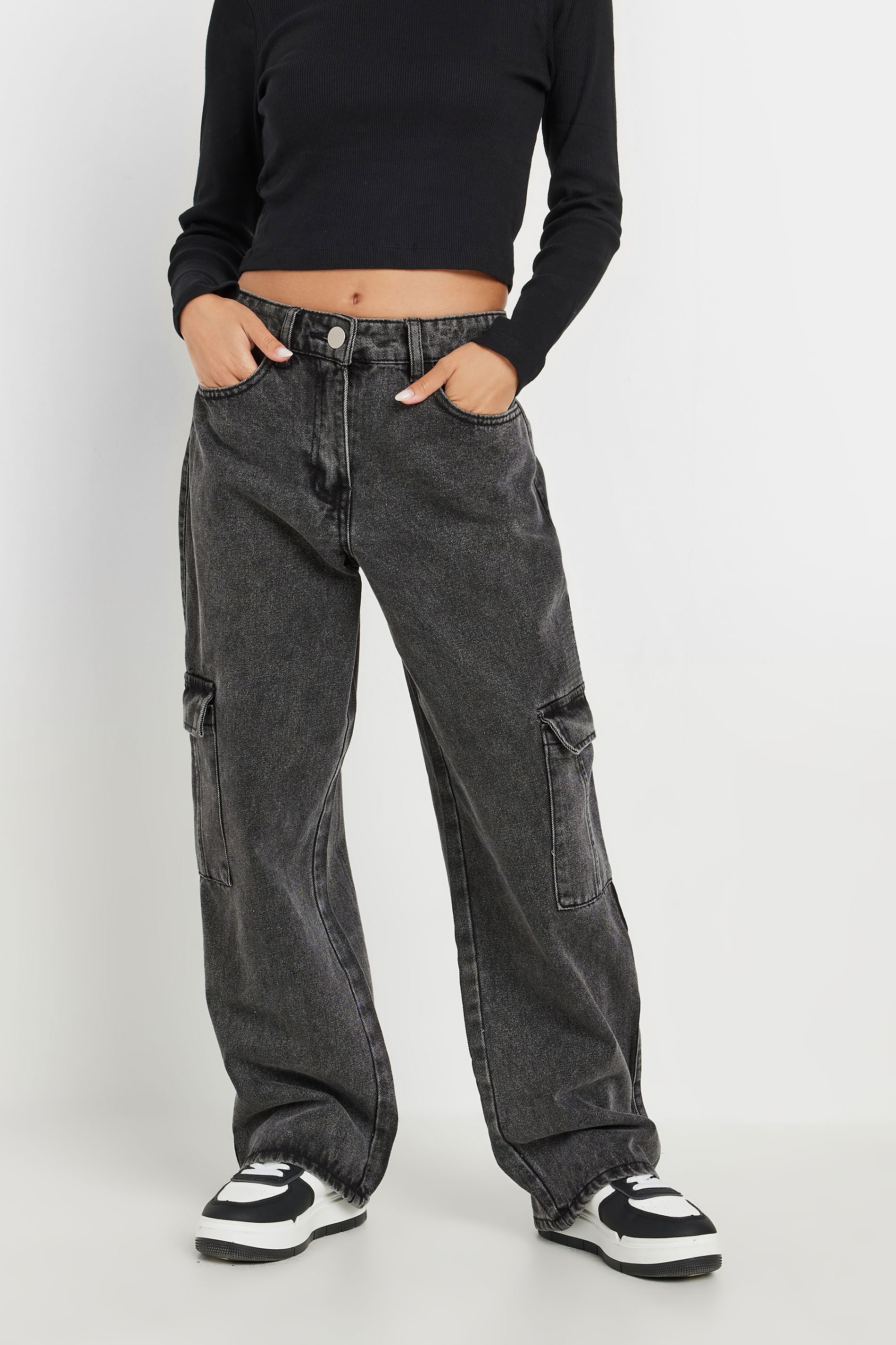 PixieGirl Petite Women's Black Acid Wash Non-Stretch Cargo Style Jeans | PixieGirl 3