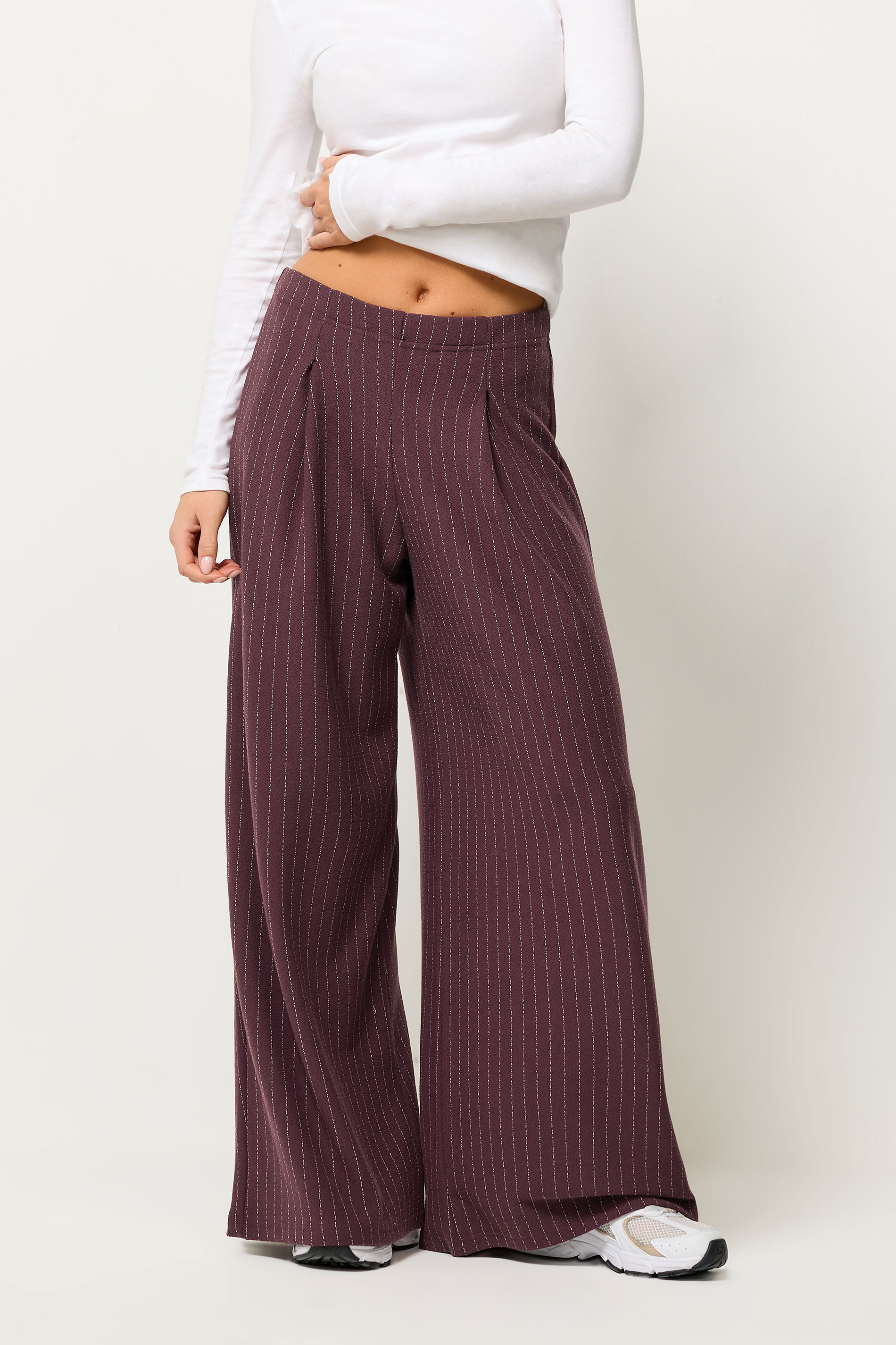 PixieGirl Petite Women's Burgundy Red Pinstripe Palazzo Wide Leg Trousers | PixieGirl 2