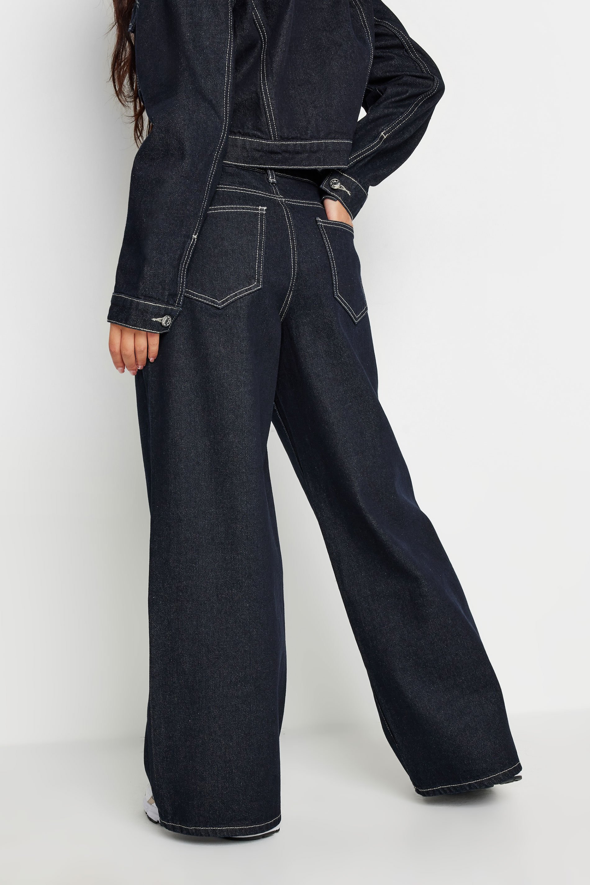 PixieGirl Petite Women's Dark Blue Contrast Stitch Wide Leg Jeans | PixieGirl 4