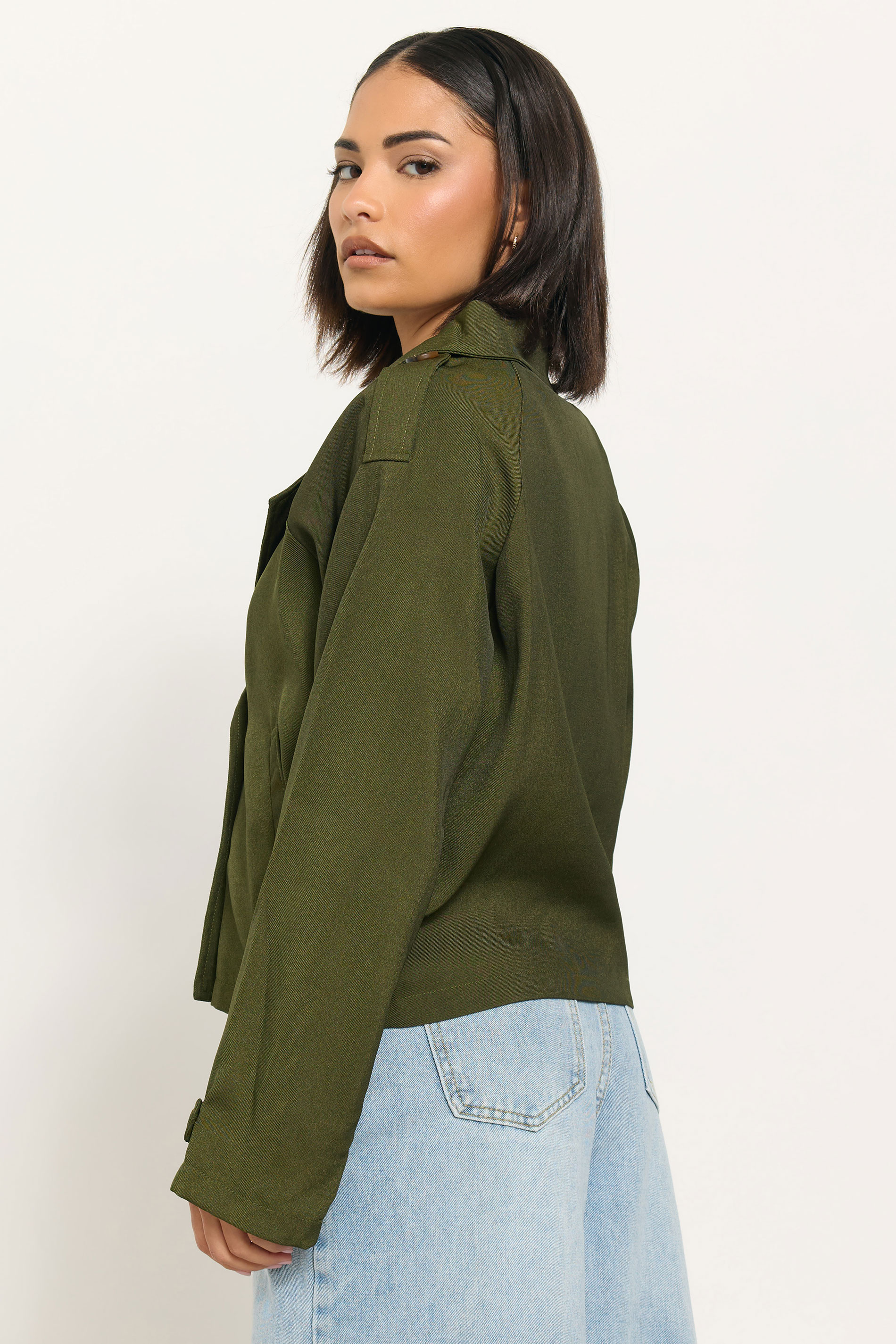PixieGirl Petite Women's Olive Green Cropped Trench Duster Coat | PixieGirl 3