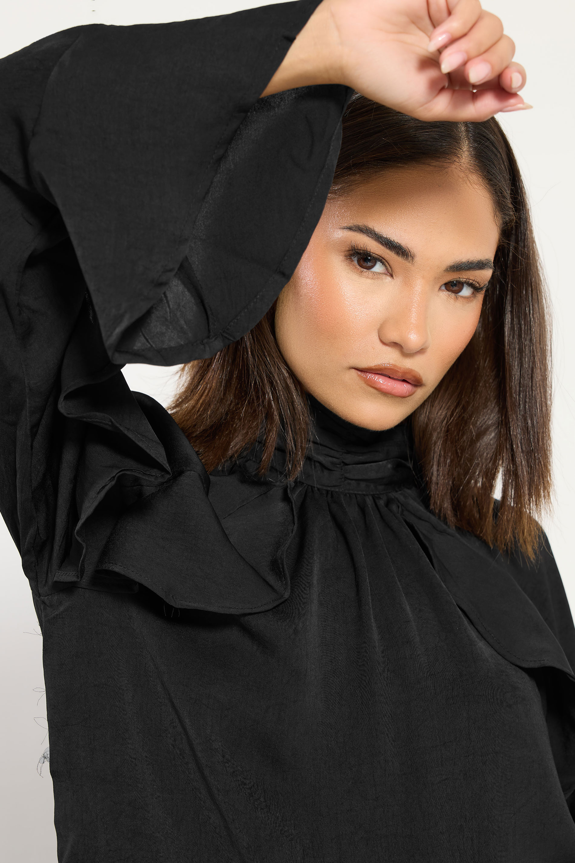 PixieGirl Petite Women's Black Satin Frill Blouse | PixieGirl 4