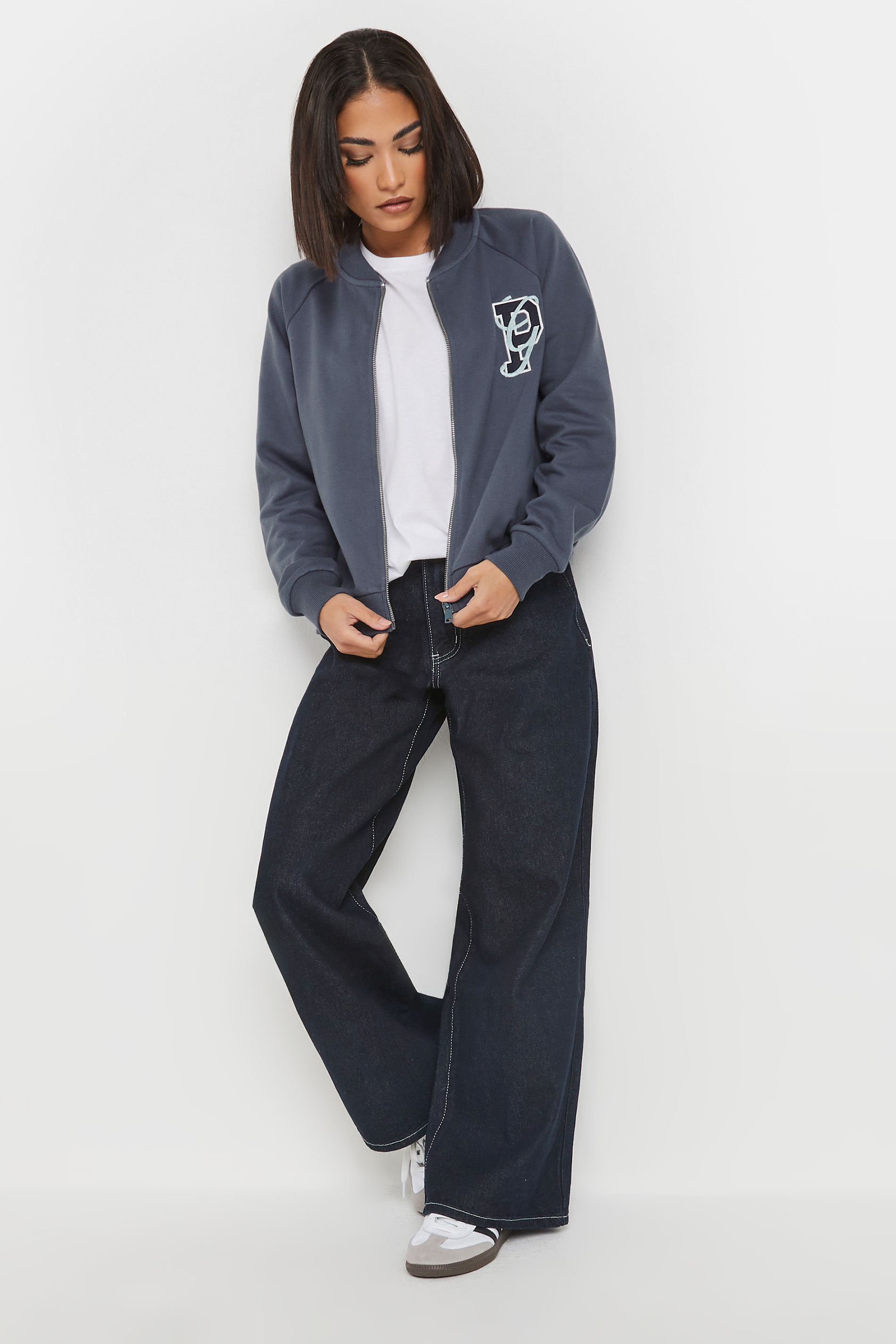 PixieGirl Petite Women's Blue Embroidered Initial Jersey Bomber Jacket | PixieGirl 3