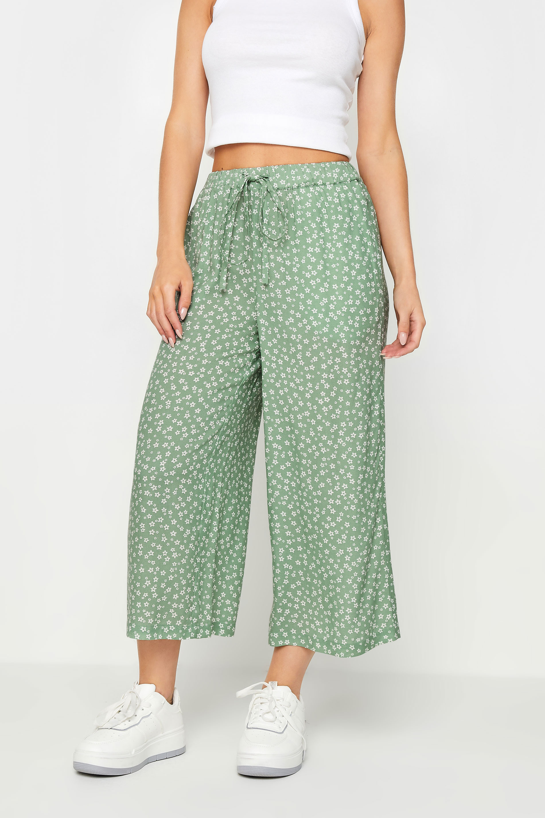 PixieGirl Petite Women's Sage Green Ditsy Floral Print Cropped Trousers | PixieGirl 2