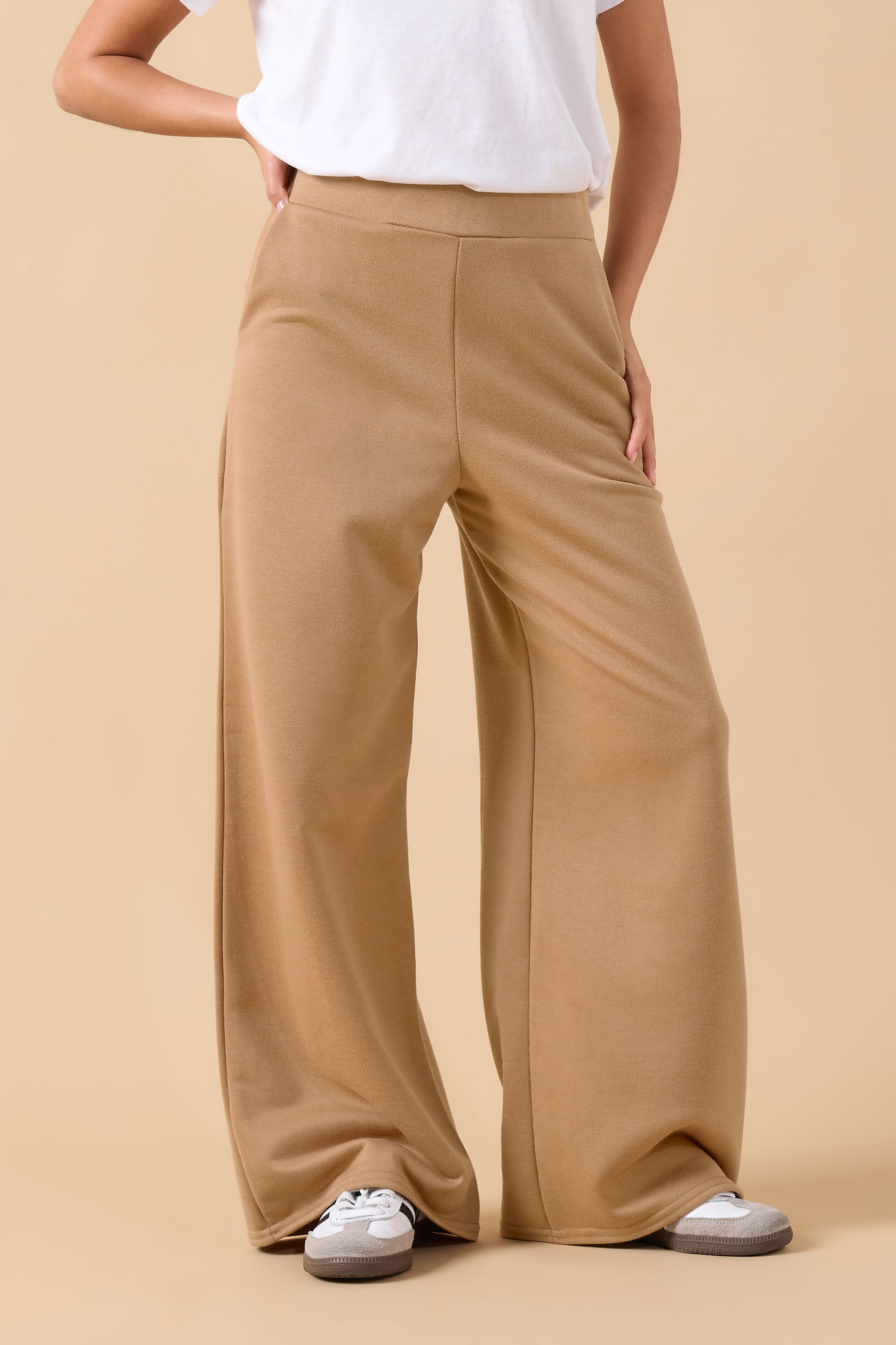 PixieGirl Petite Women's Beige Brown Wide Leg Joggers | PixieGirl 2