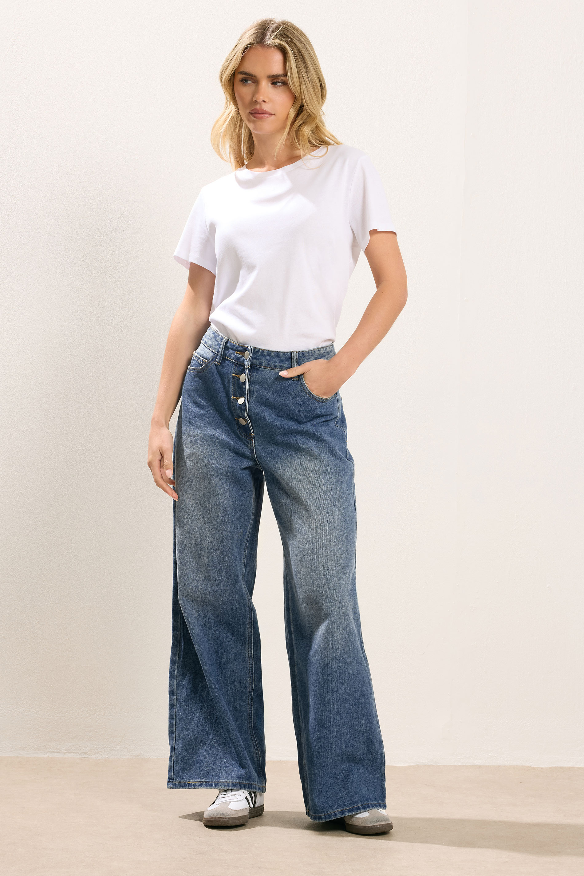 PixieGirl Petite Women's Mid Blue Button Front Wide Leg Jeans | PixieGirl 1