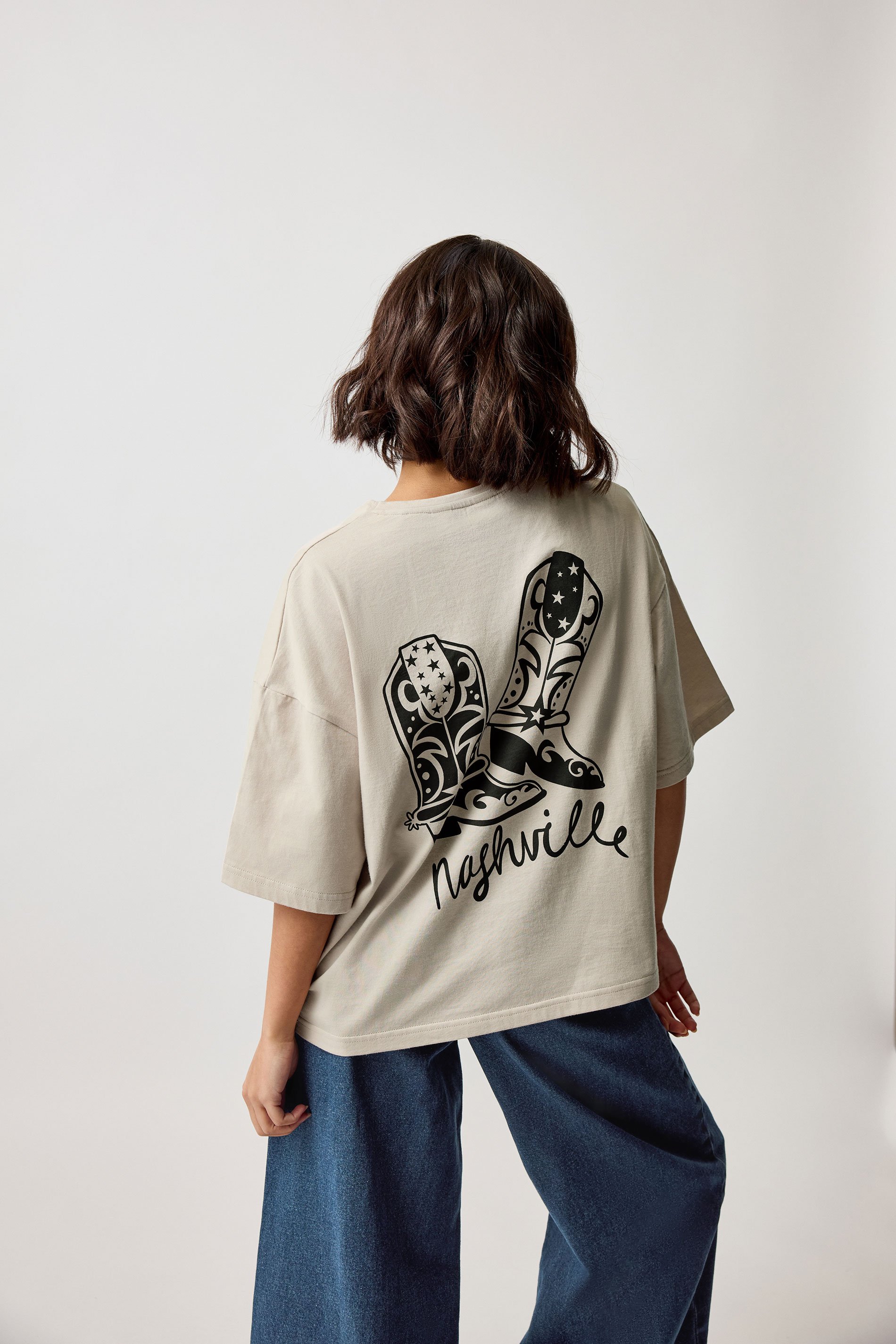 PixieGirl Petite Women's Natural Brown 'Nashville' Back Graphic T-Shirt | PixieGirl 1