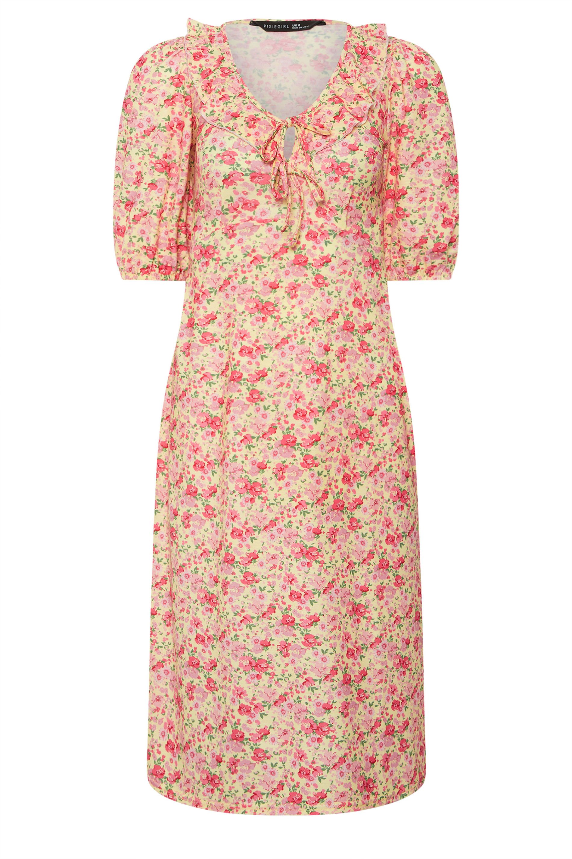 PixieGirl Petite Women's Pink Ditsy Floral Frill Tie Midi Dress | PixieGirl 6
