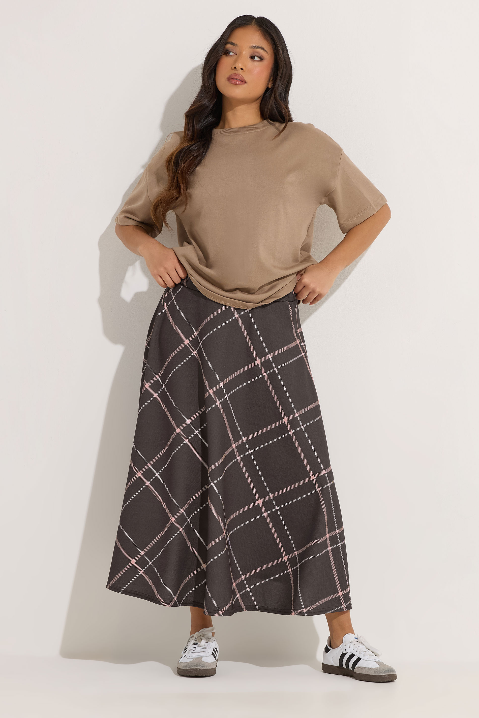 Pixiegirl Women's Brown Petite Chocolate & Pink Check Midi Skirt Size 18