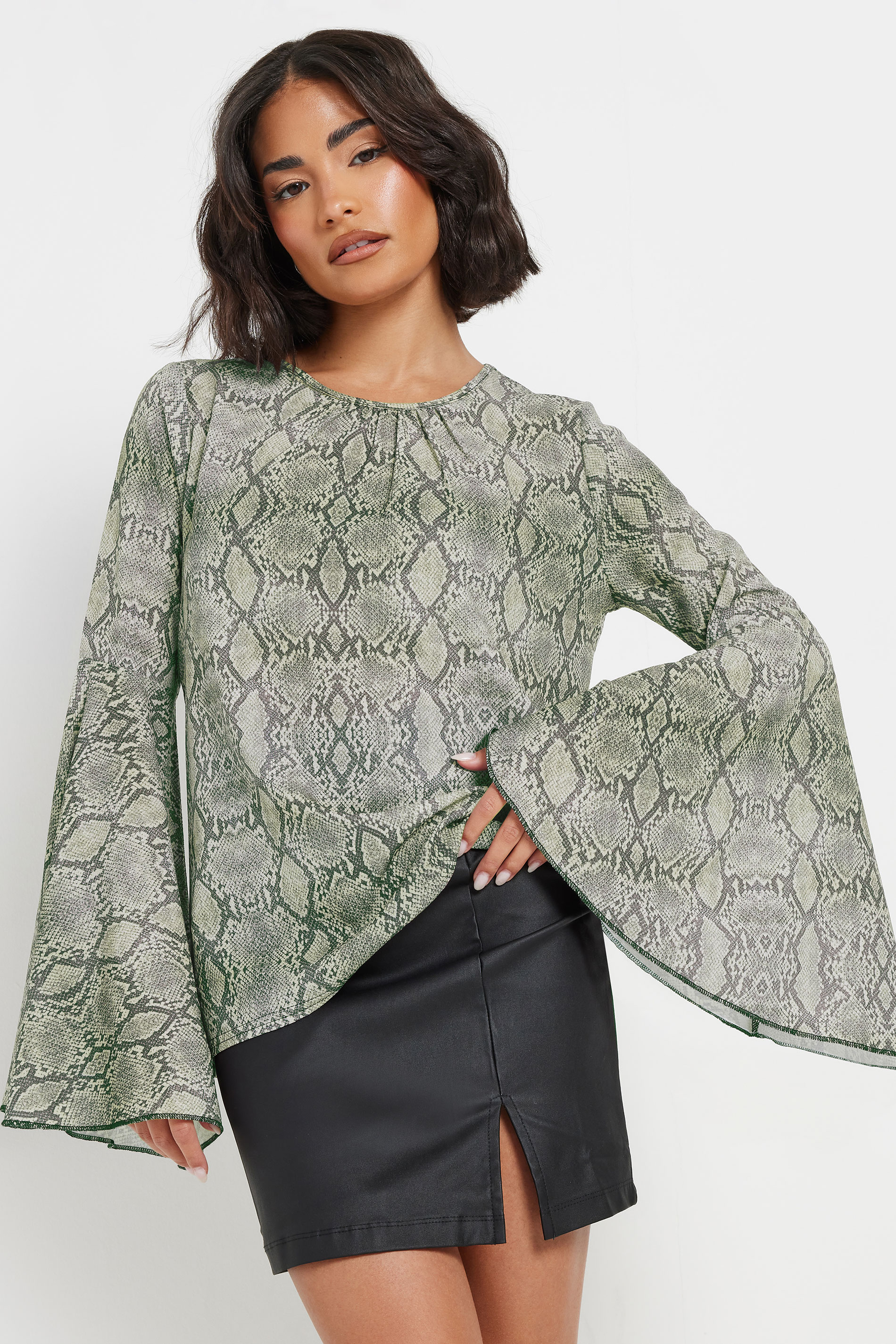 PixieGirl Petite Women's Grey Woven Snake Print Bell Sleeve Top | PixieGirl 1