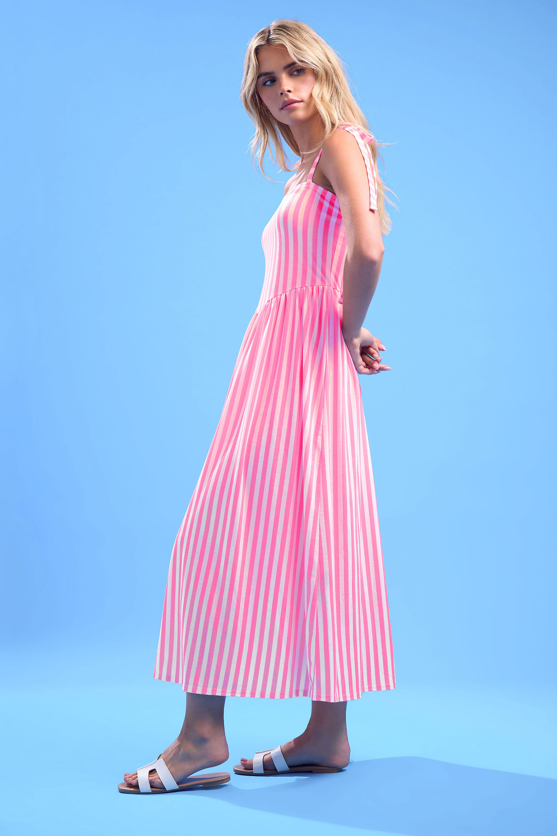PixieGirl Petite Women's Pink Stripe Tie Shoulder Maxi Dress | PixieGirl 3