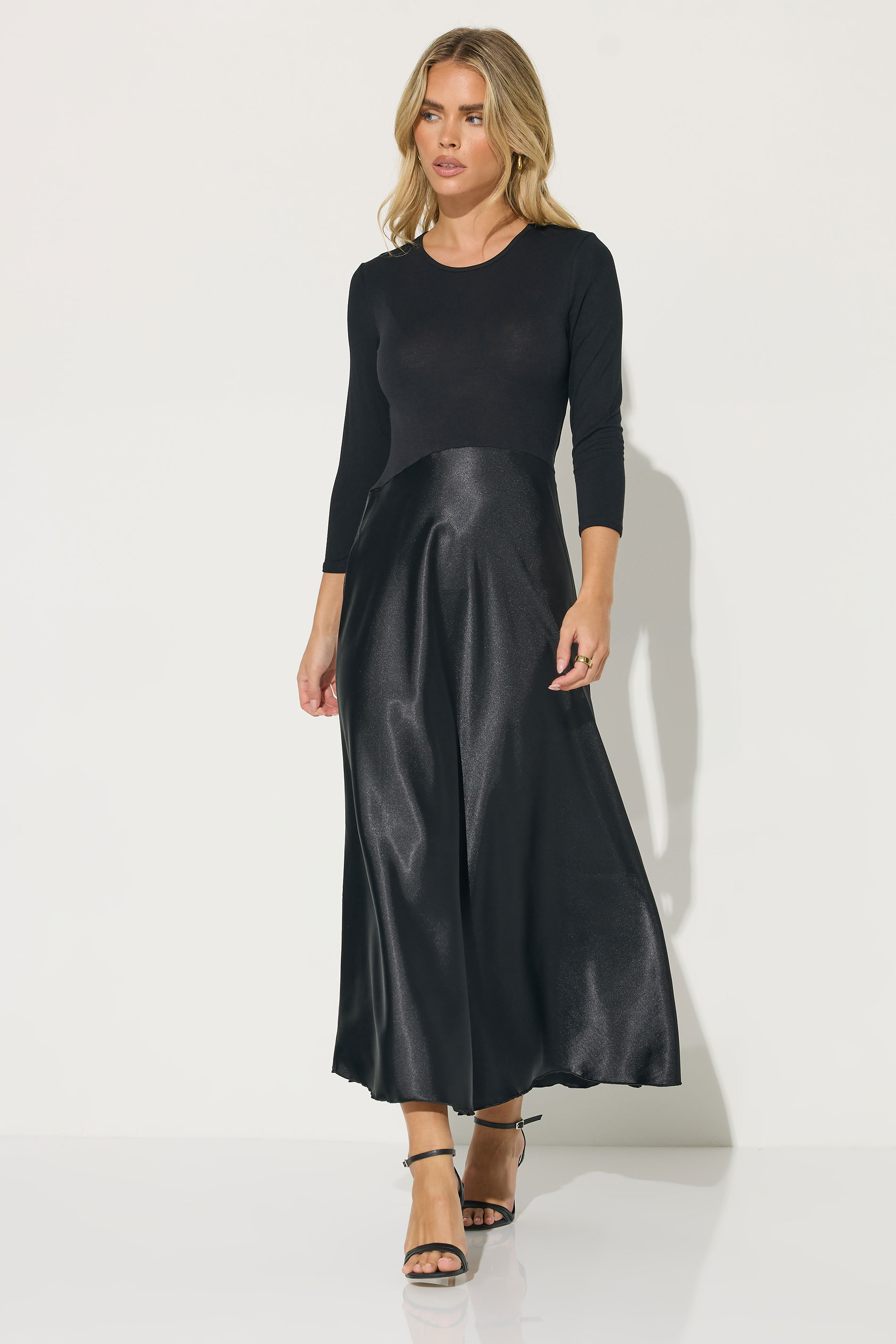 PixieGirl Petite Black Satin Skirt Maxi Dress | PixieGirl 1
