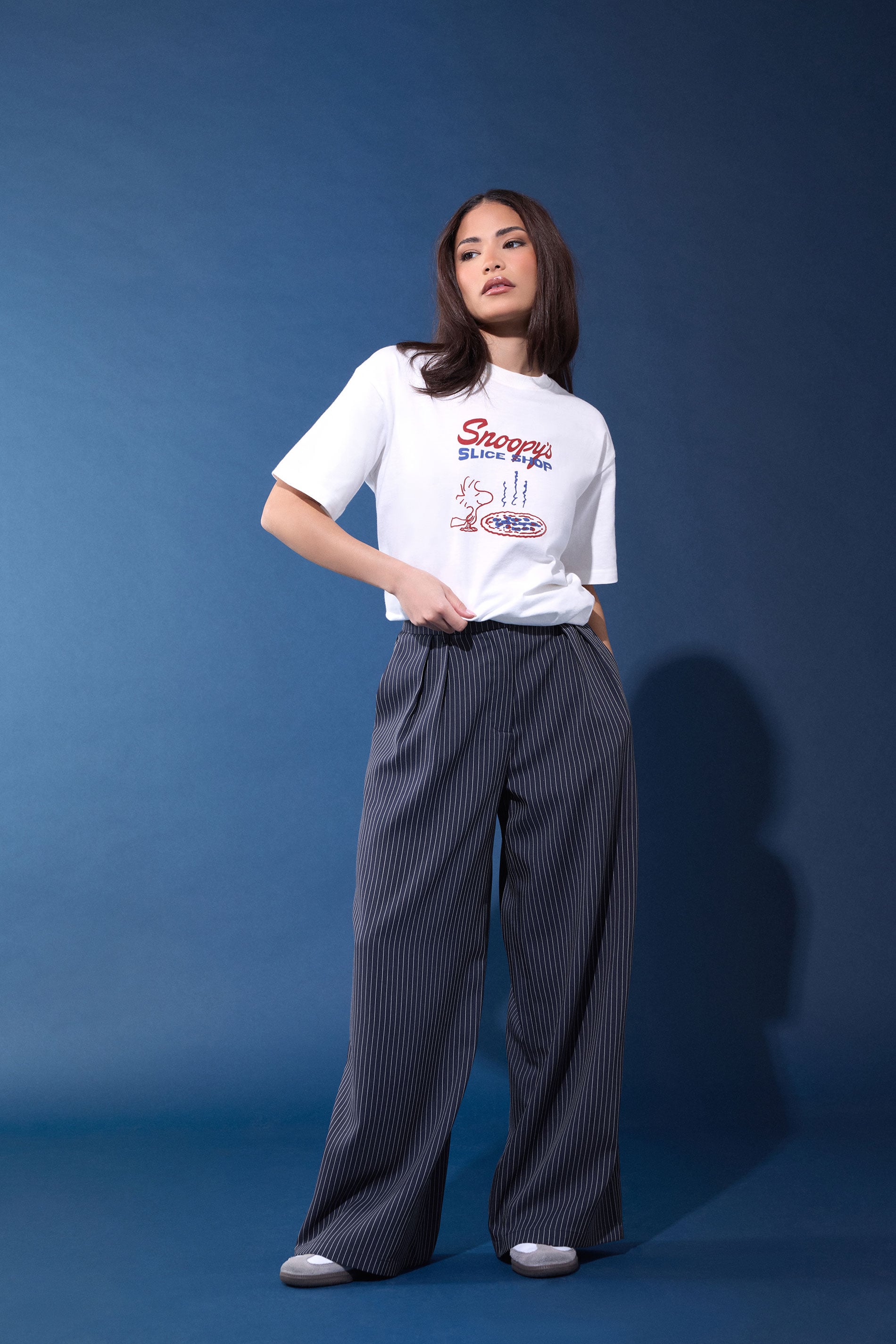 PixieGirl Petite Women's Navy Blue Pinstripe Wide Leg Trousers | PixieGirl 1