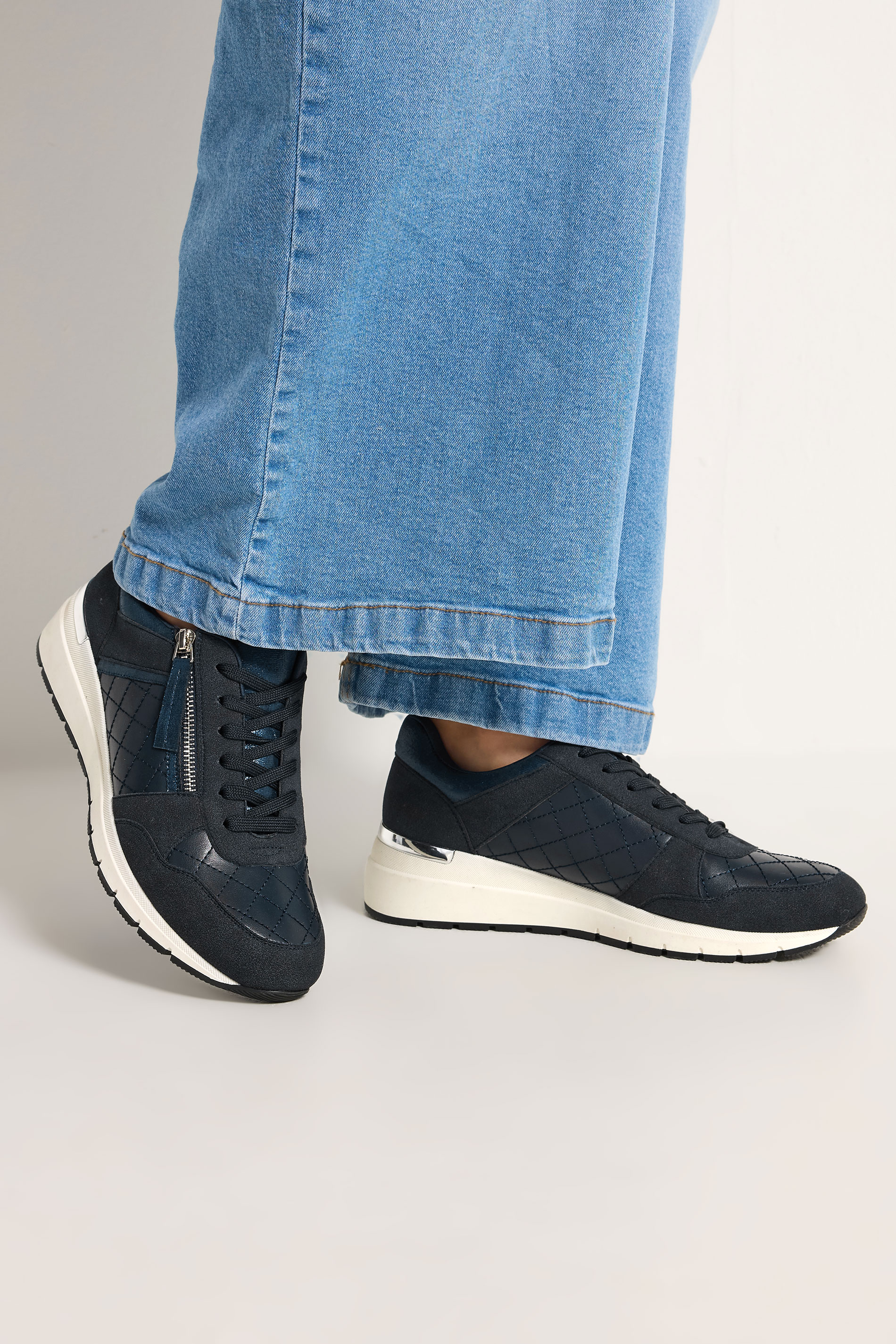 Navy Blue Quilted Wedge Trainer In Wide E Fit | Yours Clothing 3