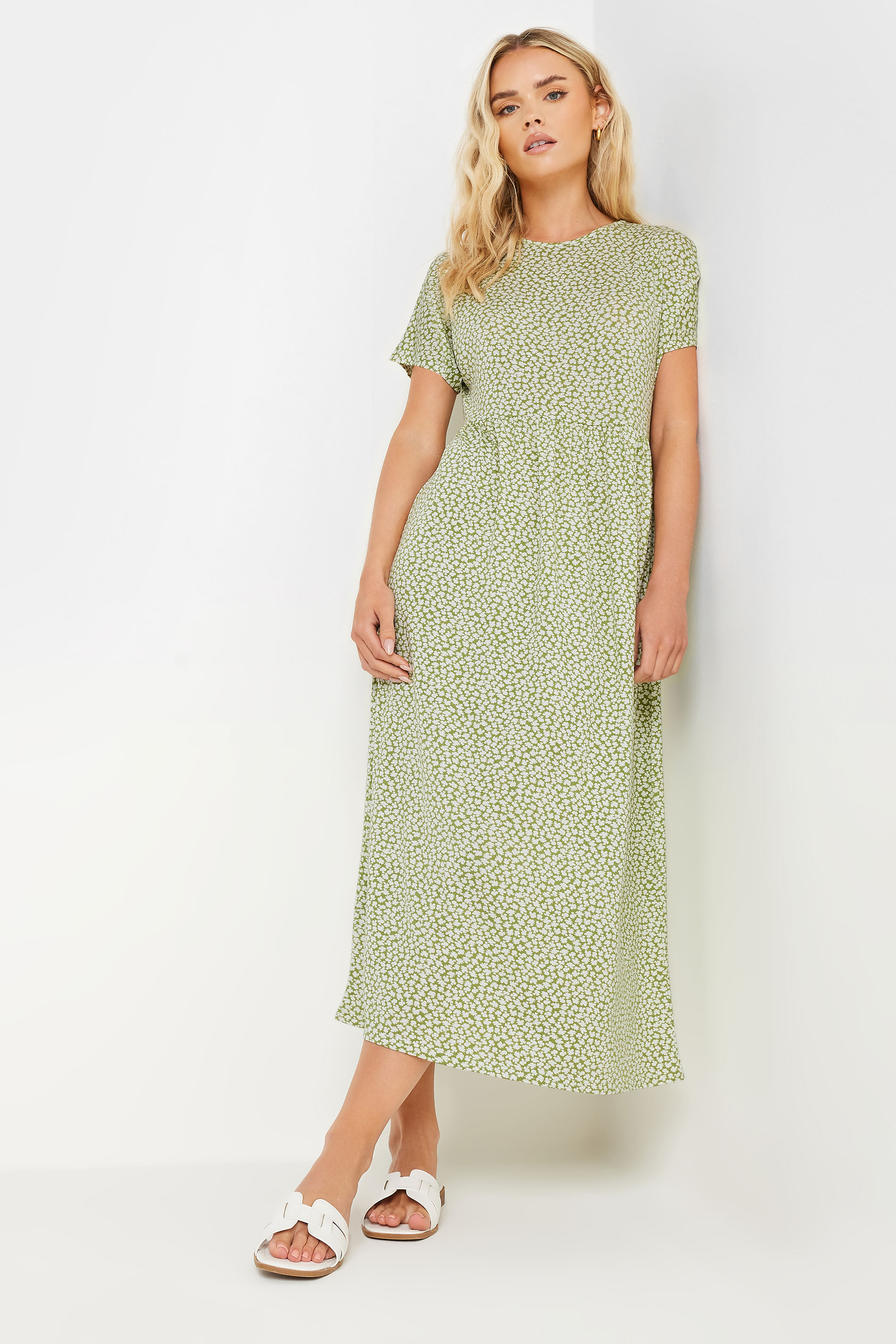 PixieGirl Petite Women's Sage Green Ditsy Floral Print Midi Smock Dress | PixieGirl 1