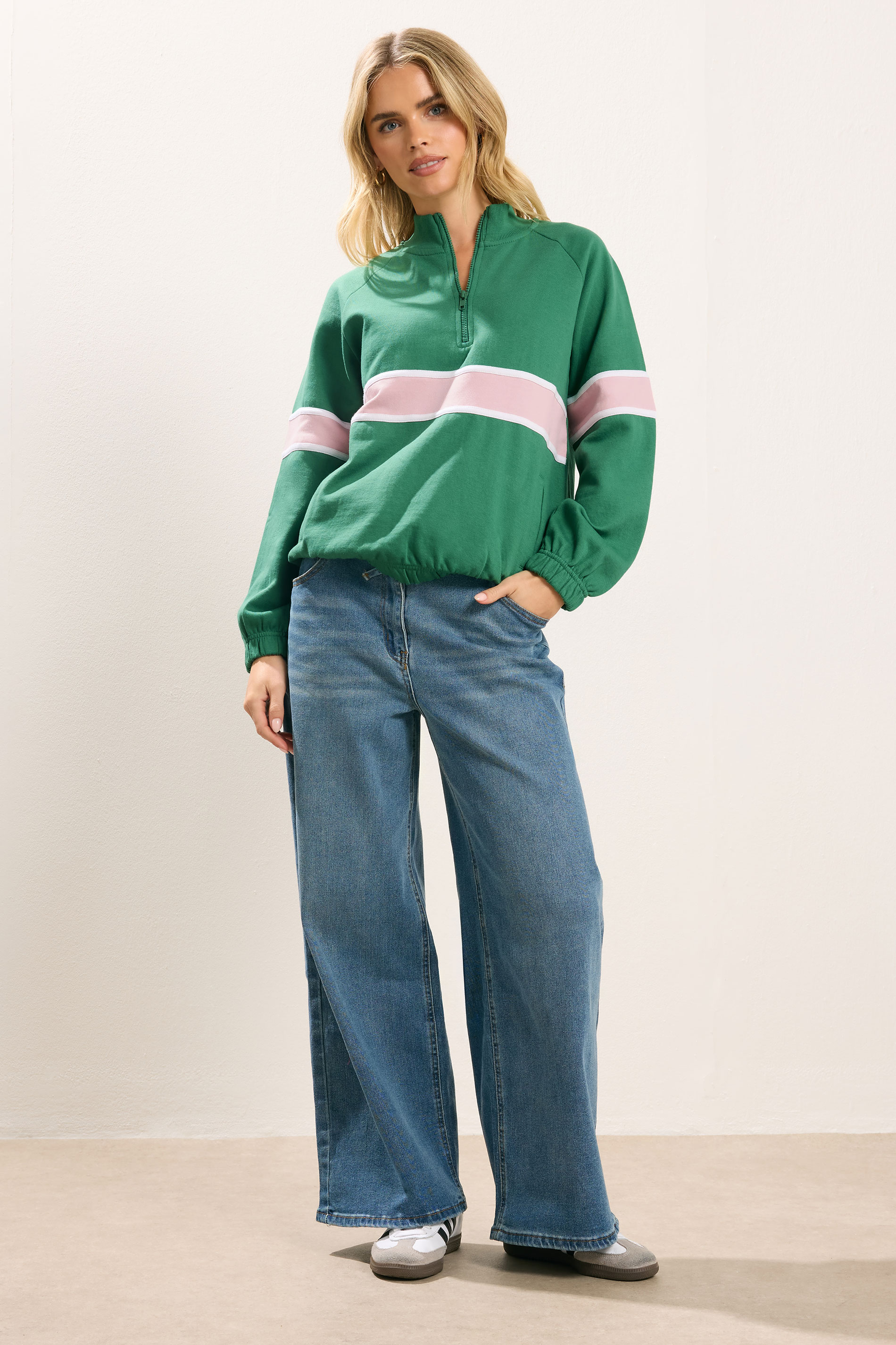 PixieGirl Petite Women's Green Stripe Quarter Zip Sweatshirt | PixieGirl 2