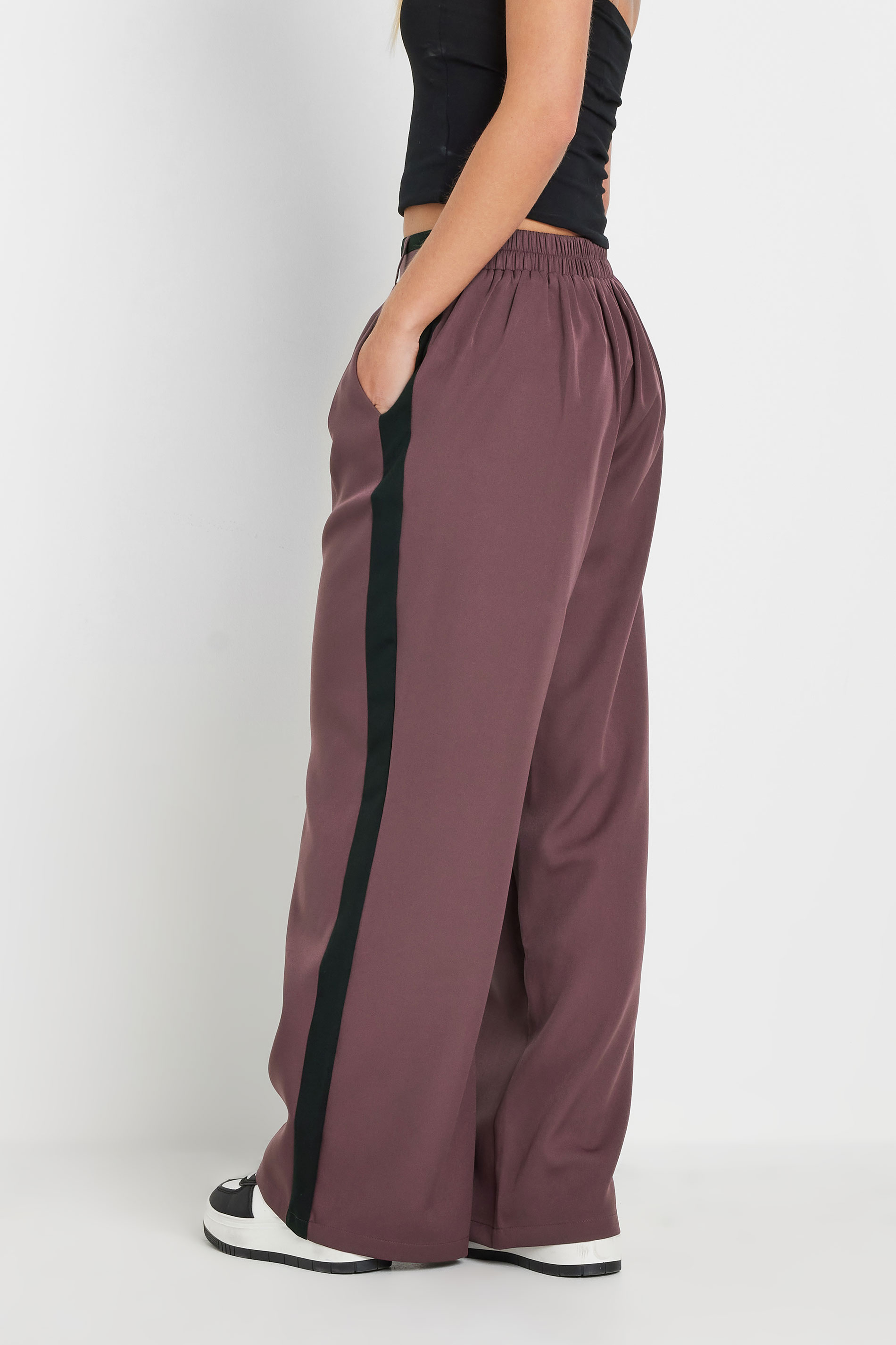 PixieGirl Petite Women's Purple Side Stripe Contrast Waist Wide Leg Trousers | PixieGirl 3