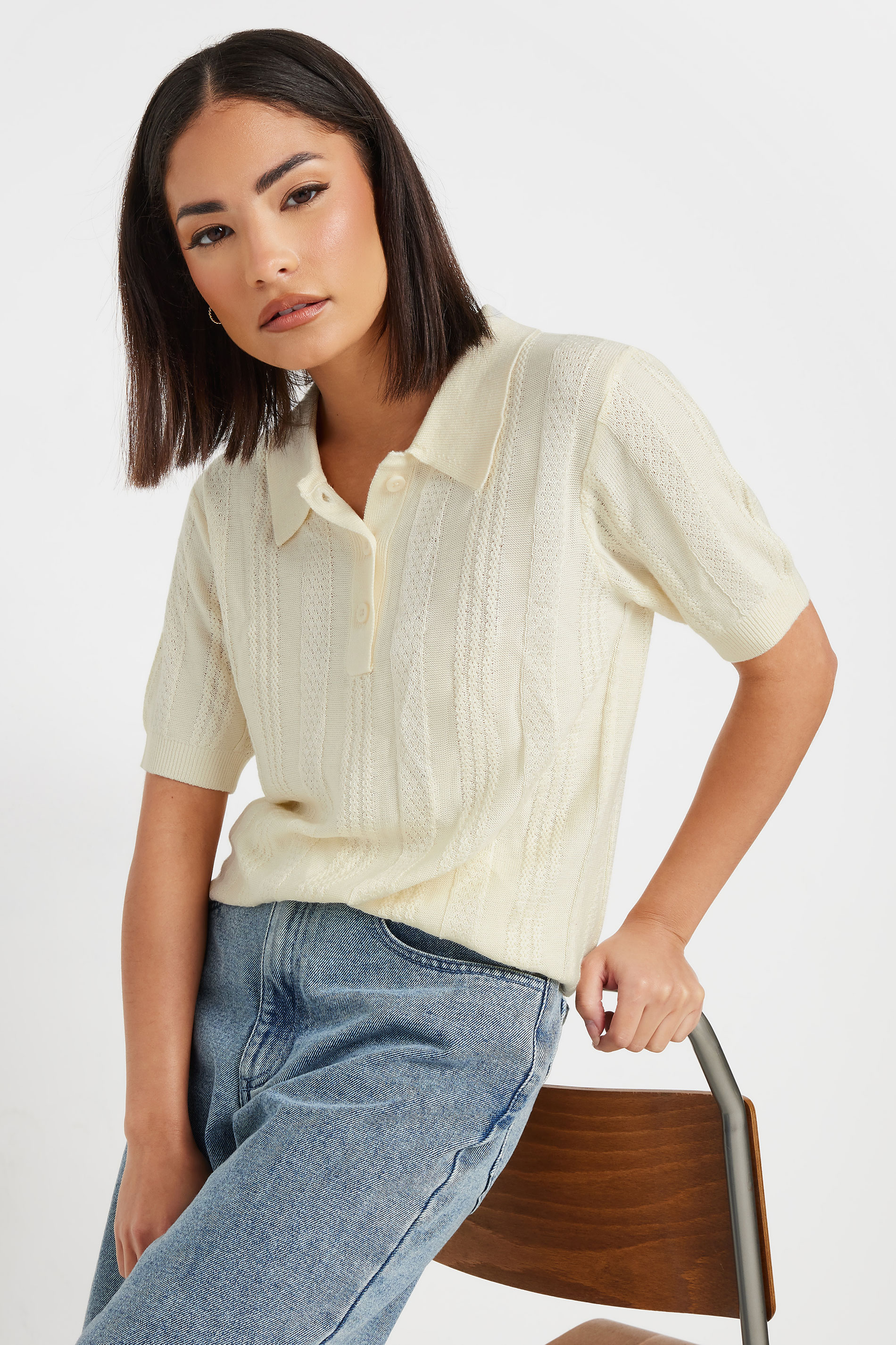 PixieGirl Petite Women's Ivory White Pointelle Knit Polo Top | PixieGirl 1
