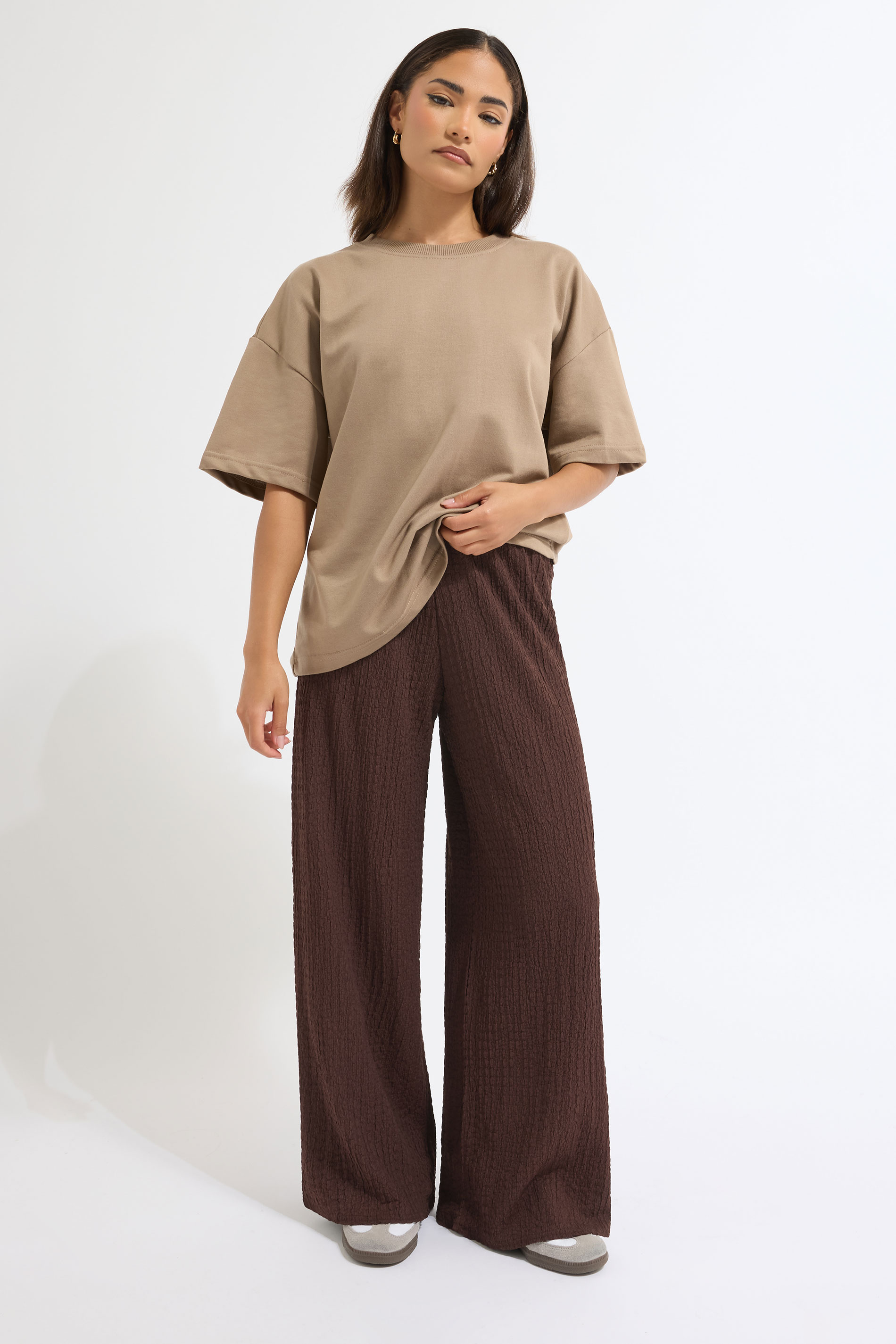 PixieGirl Petite Women's Brown Bubble Textured Wide Leg Trousers | PixieGirl 1