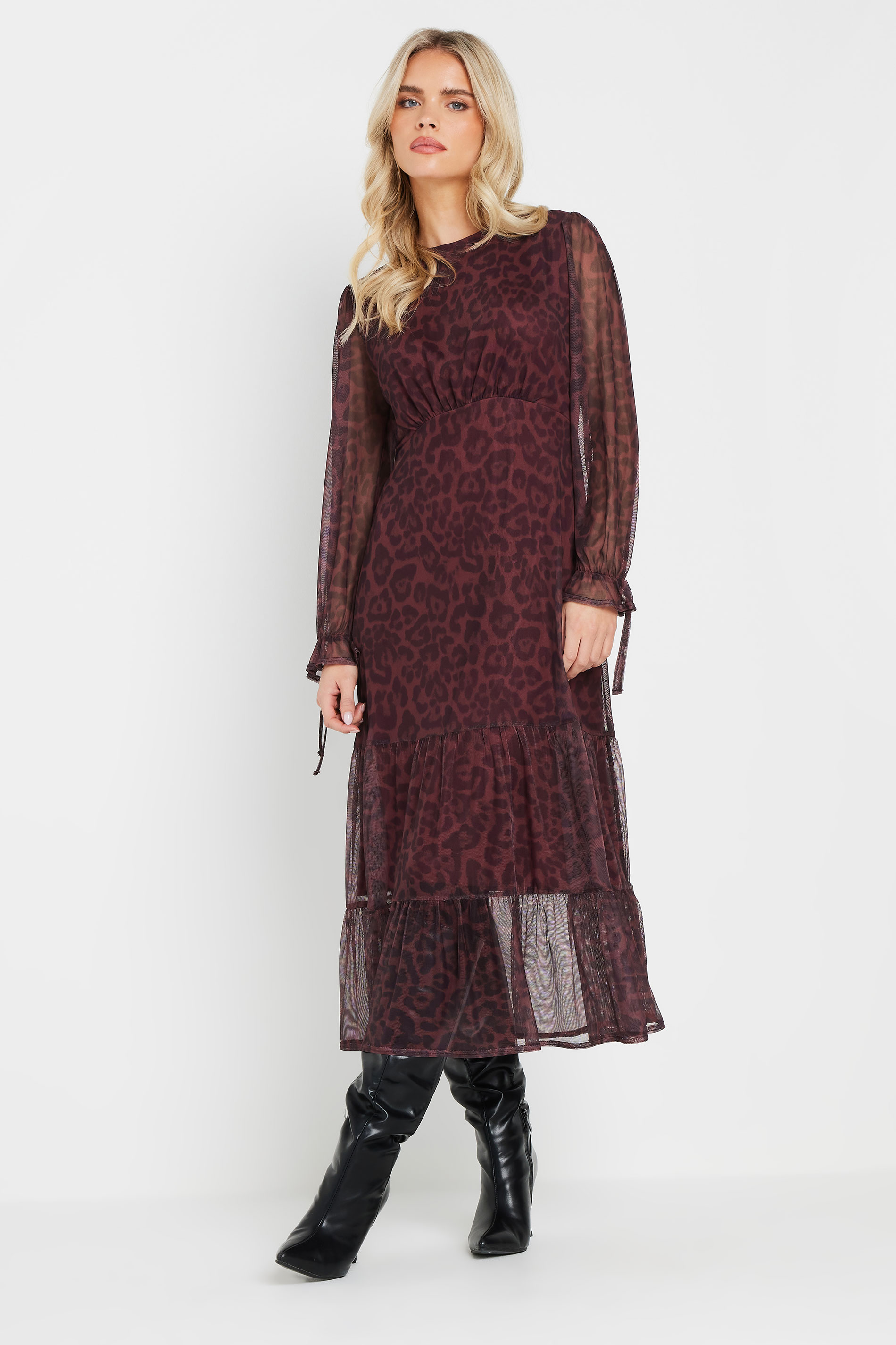 PixieGirl Petite Women's Burgundy Red Leopard Print Mesh Tiered Dress | PixieGirl 1