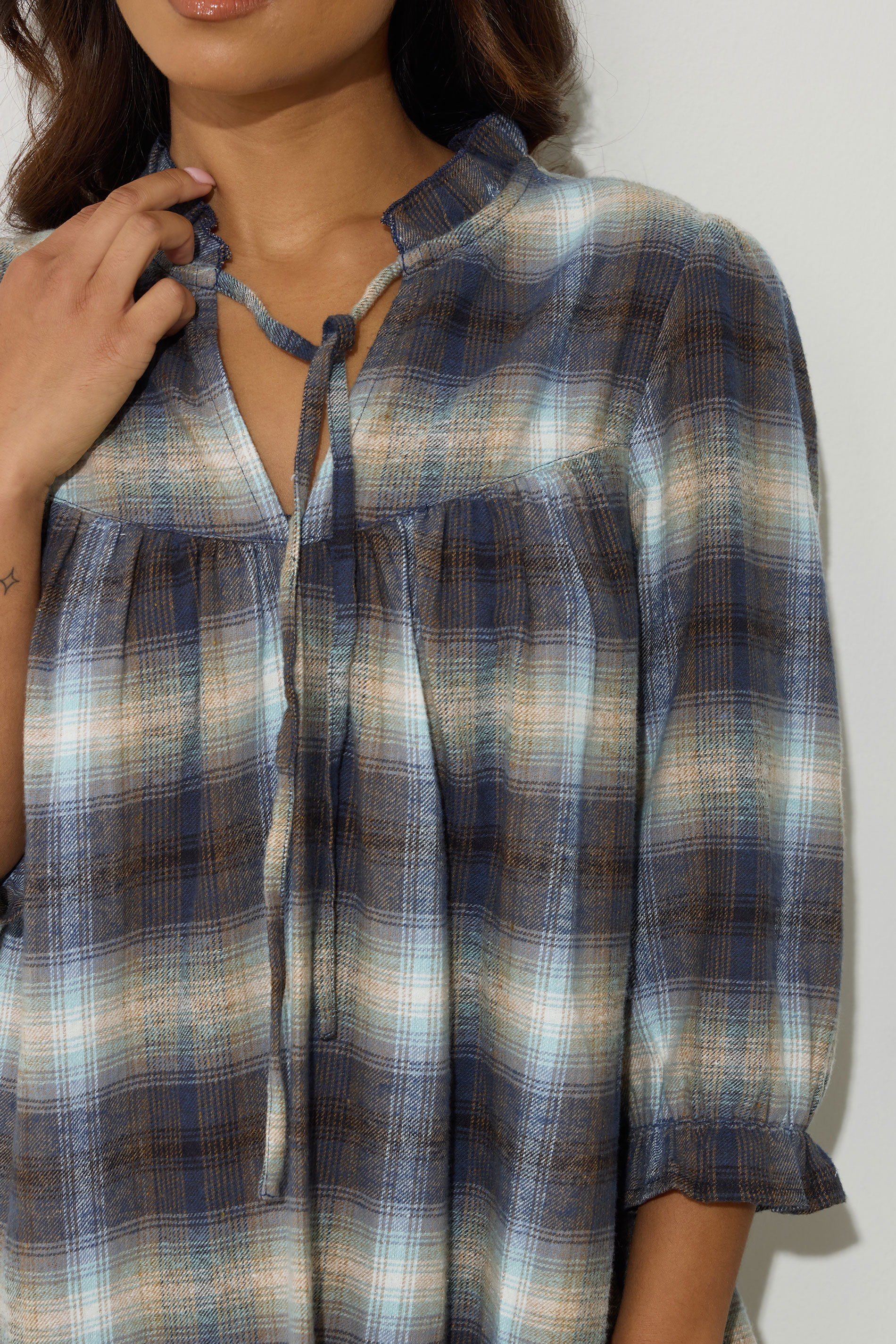 PixieGirl Petite Women's Blue Brushed Check Tie Smock Dress | PixieGirl 5