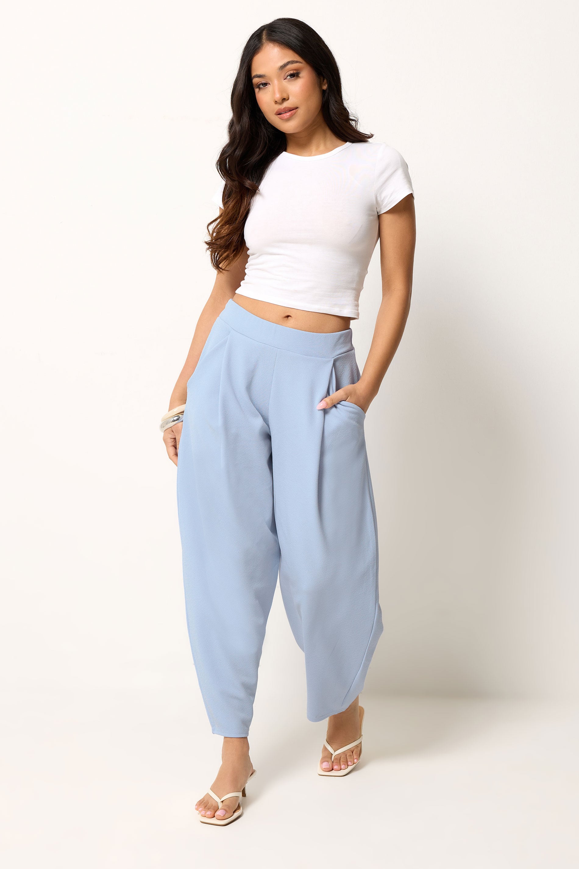 PixieGirl Petite Women's Blue Crinkle Barrel Leg Trousers | PixieGirl 3