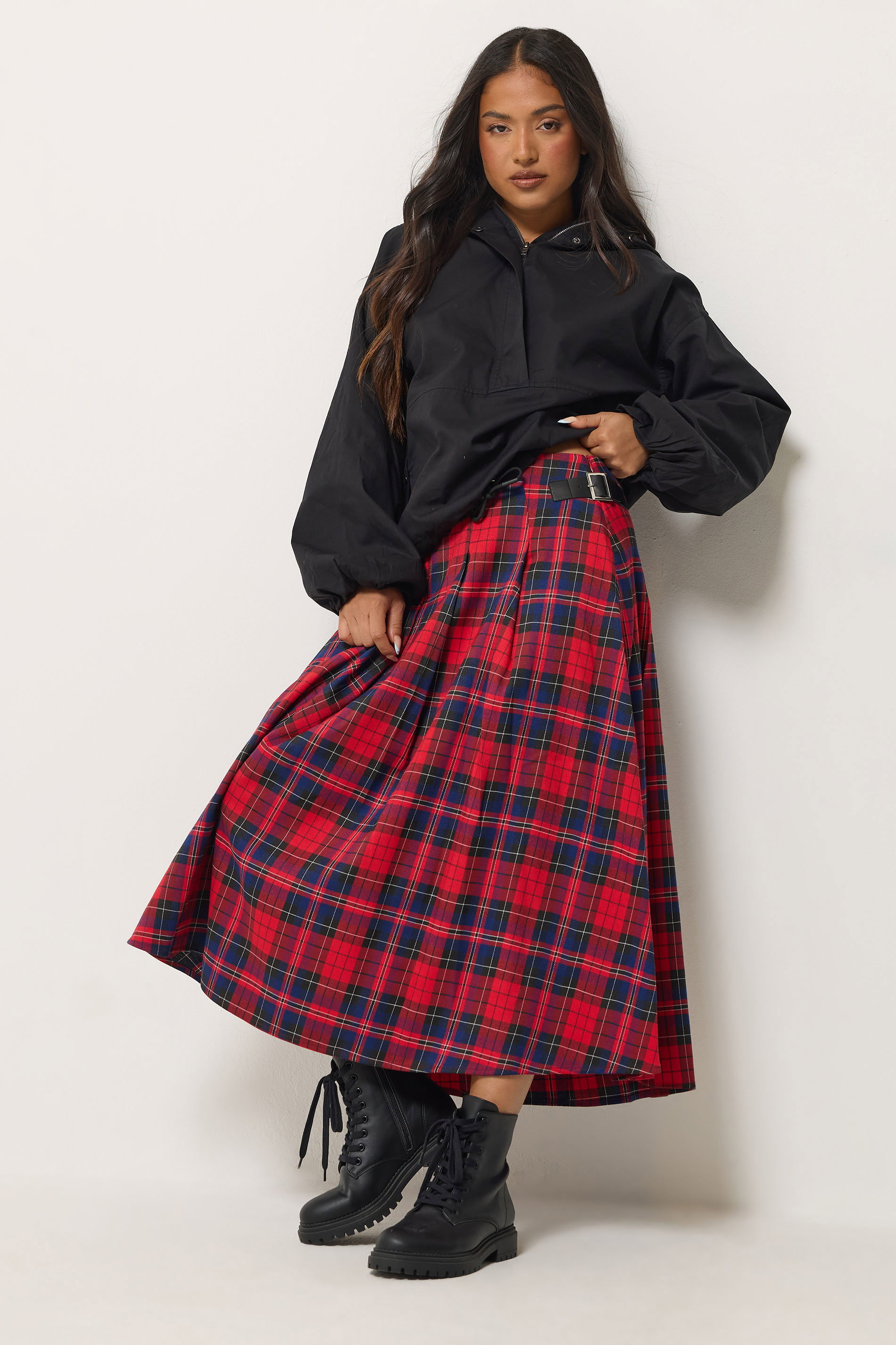 PixieGirl Petite Women's Red Check Buckle Midi Skirt | PixieGirl