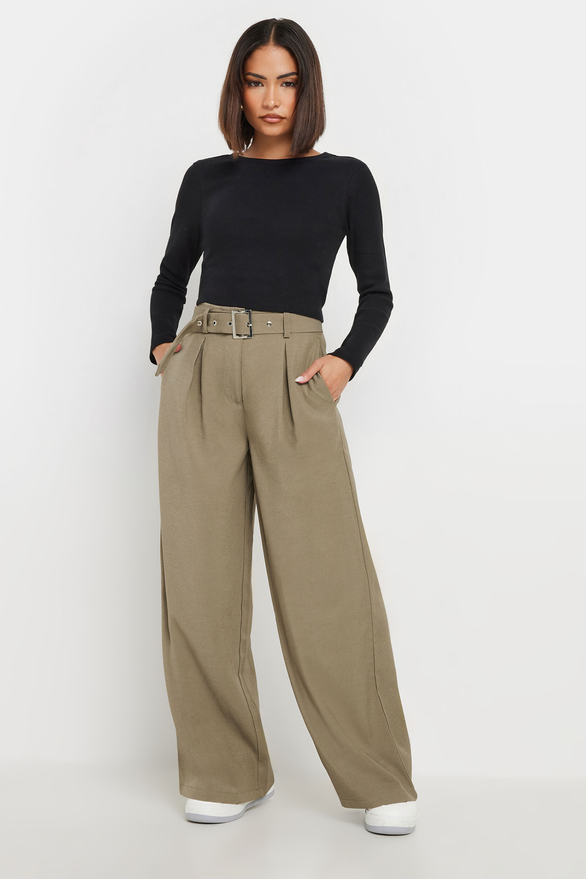 PixieGirl Petite Womens Moacha Brown Wide Leg Belted Trousers | PixieGirl 1