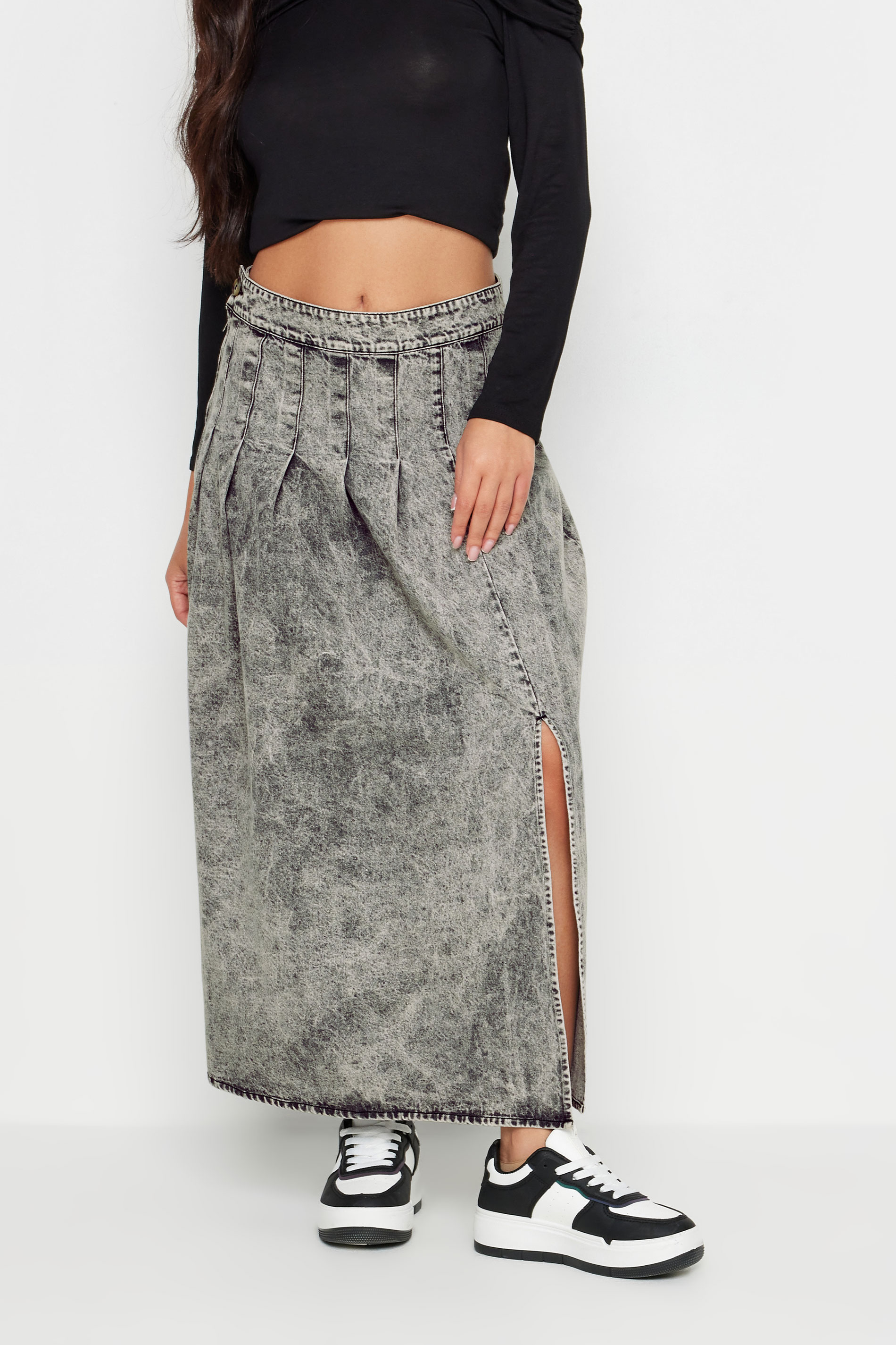 PixieGirl Petite Women's Grey Acid Wash Pleated Midi Skirt | PixieGirl 3