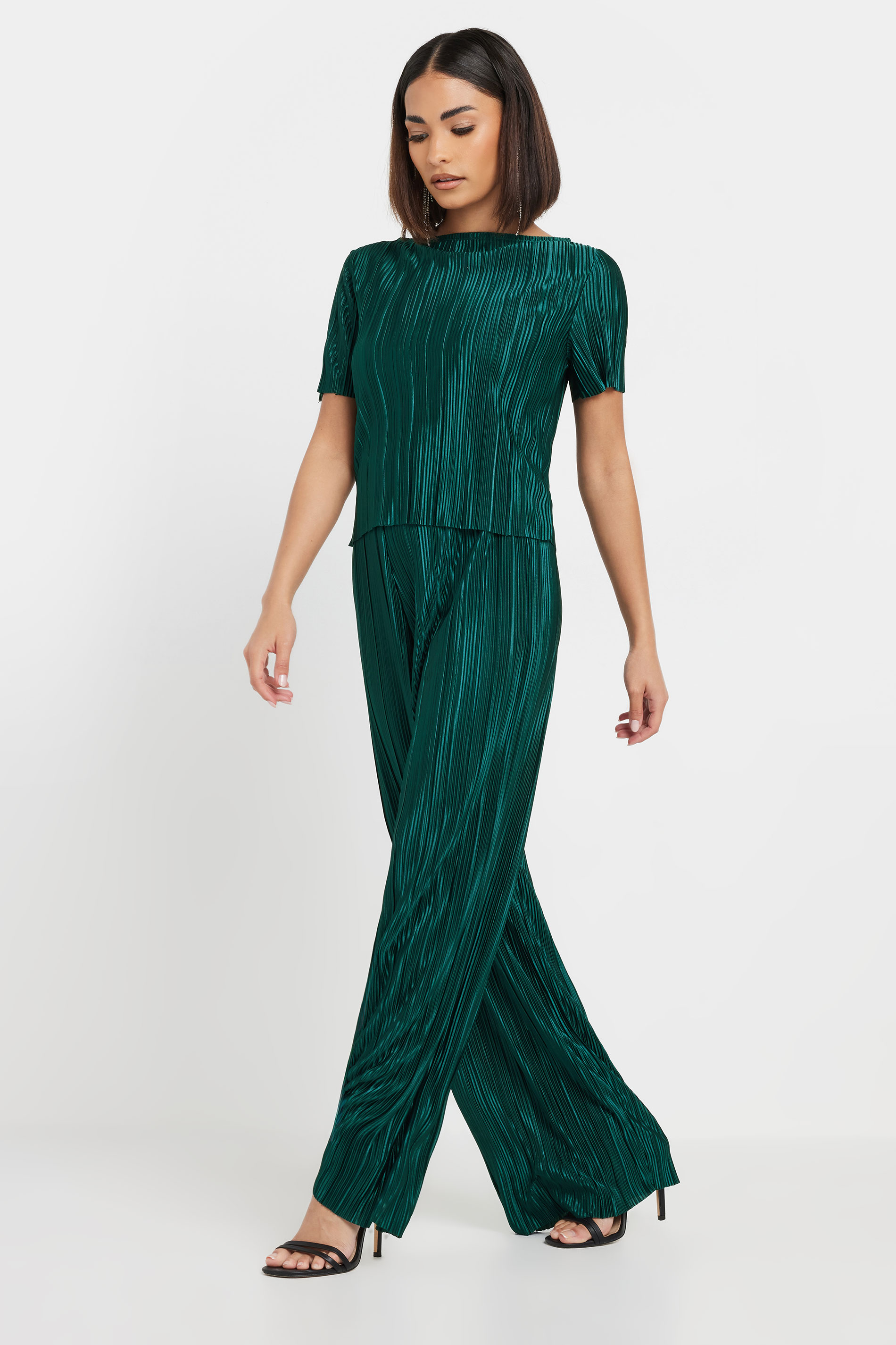 PixieGirl Petite Women's Green Plisse Wide Leg Trousers | PixieGirl 4