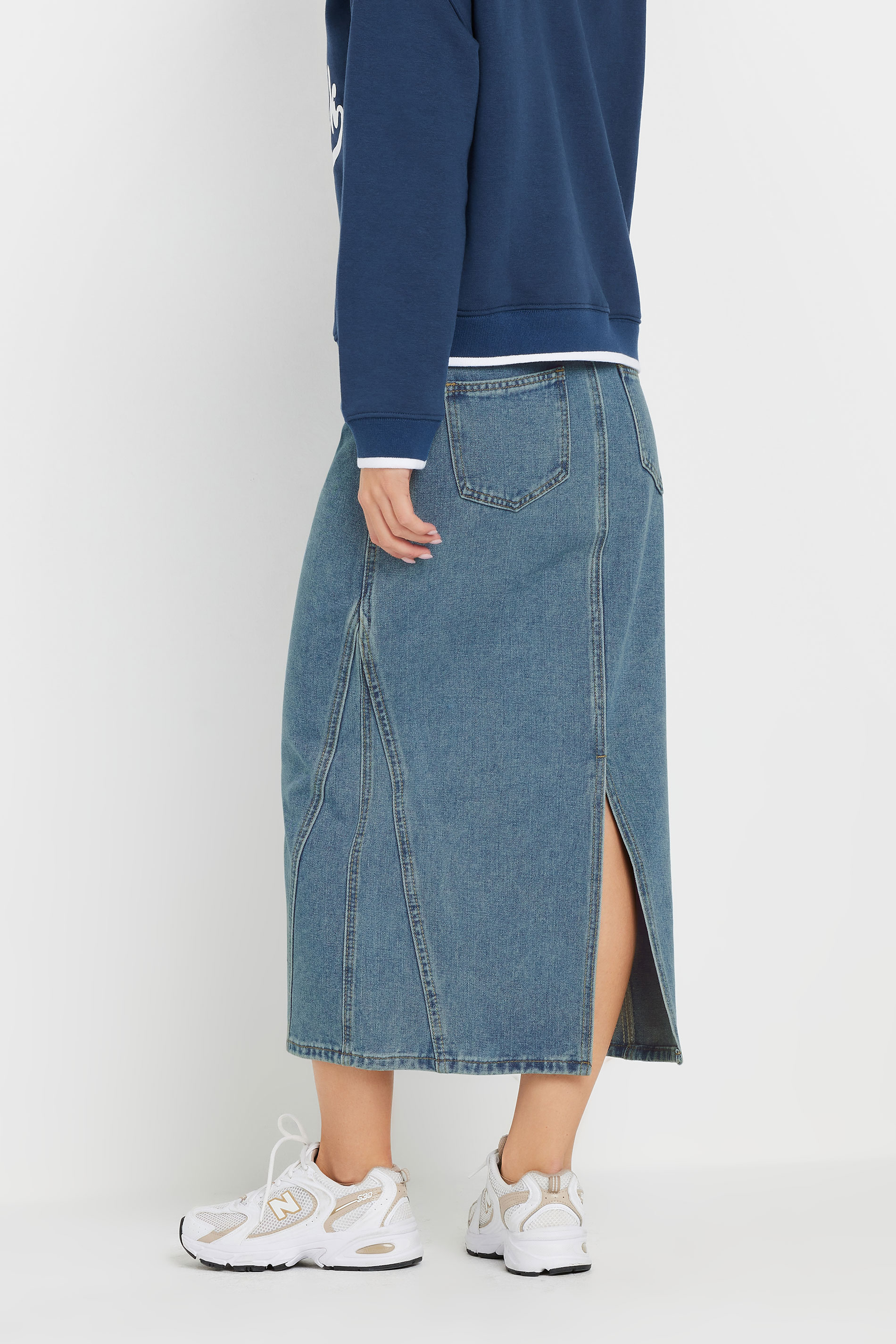 PixieGirl Petite Women's Light Blue Denim Seam Midi Skirt | PixieGirl 4