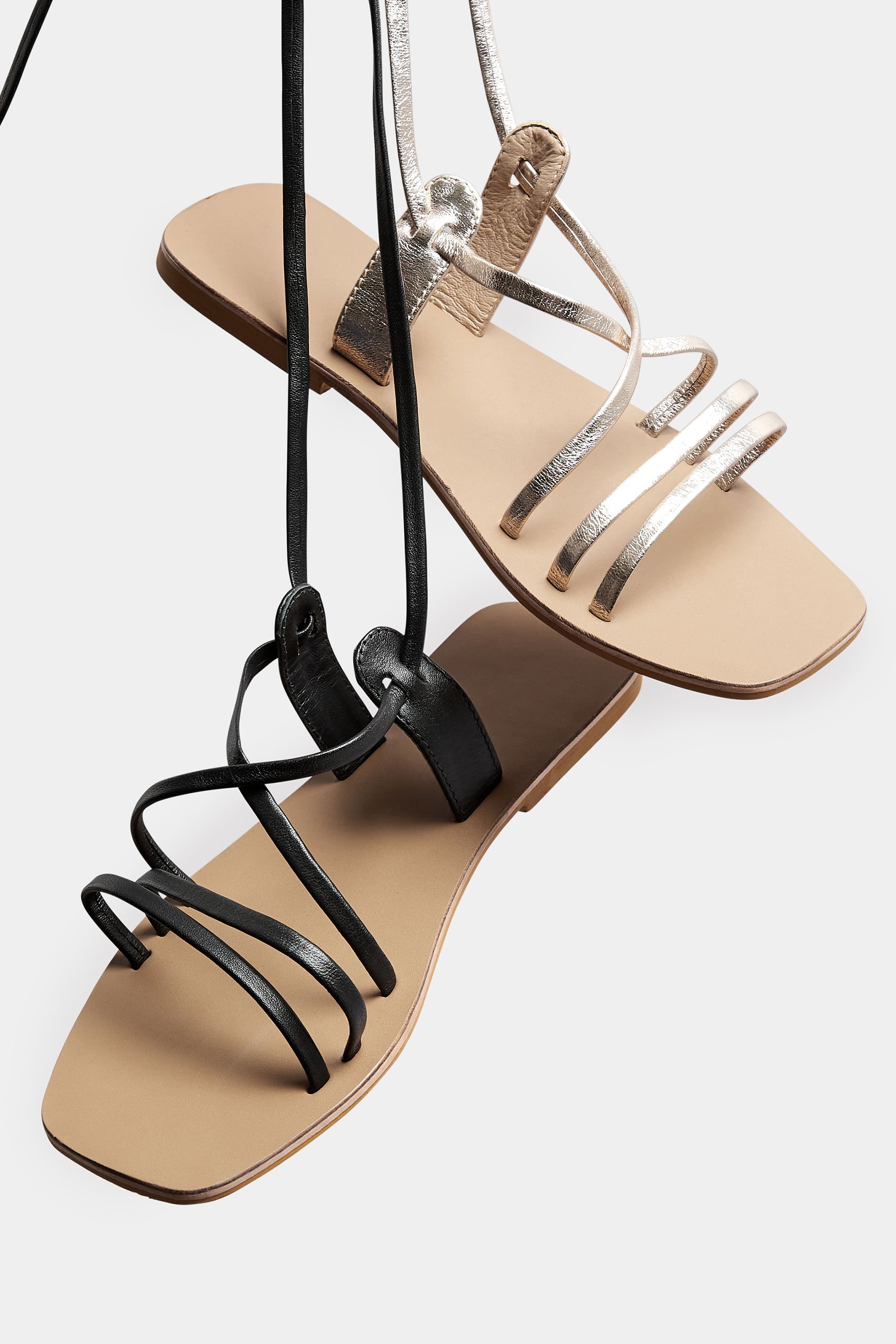 Black Leather Strappy Tie Up Sandals In Wide EEE Fit | Yours Clothing 6