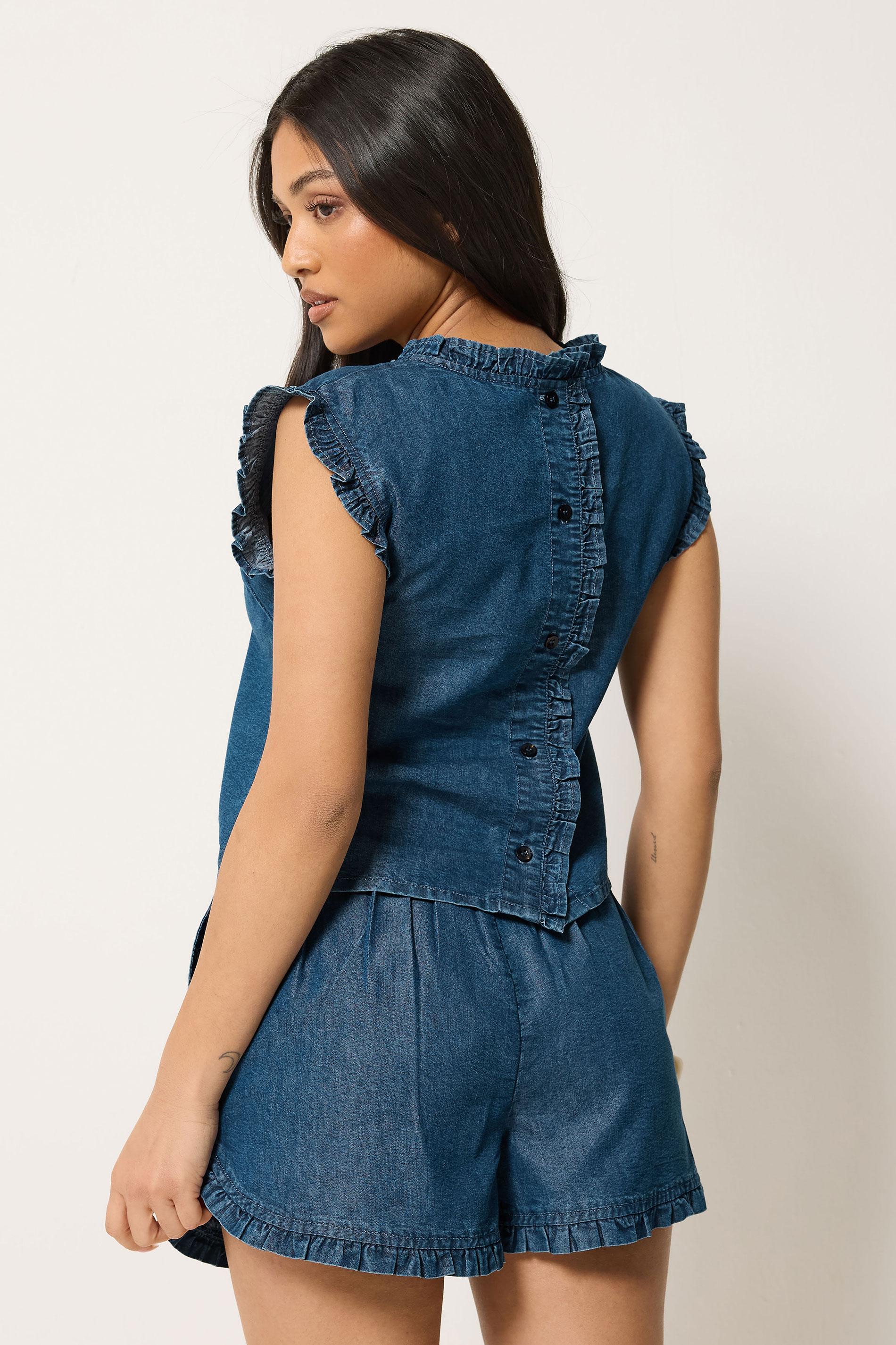 PixieGirl Petite Women's Set Blue Frill Denim Vest & Shorts | PixieGirl 4