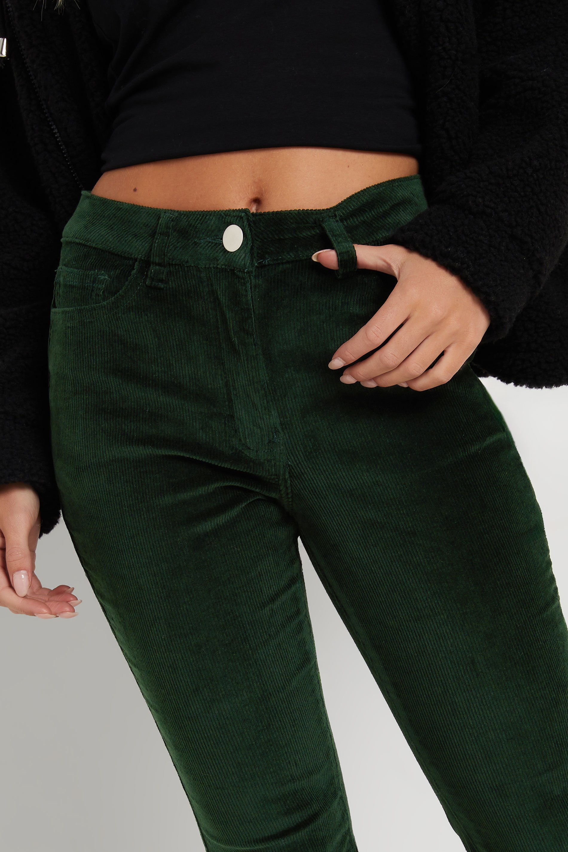 PixieGirl Petite Women's Dark Green Cord Flared Trousers | PixieGirl 4