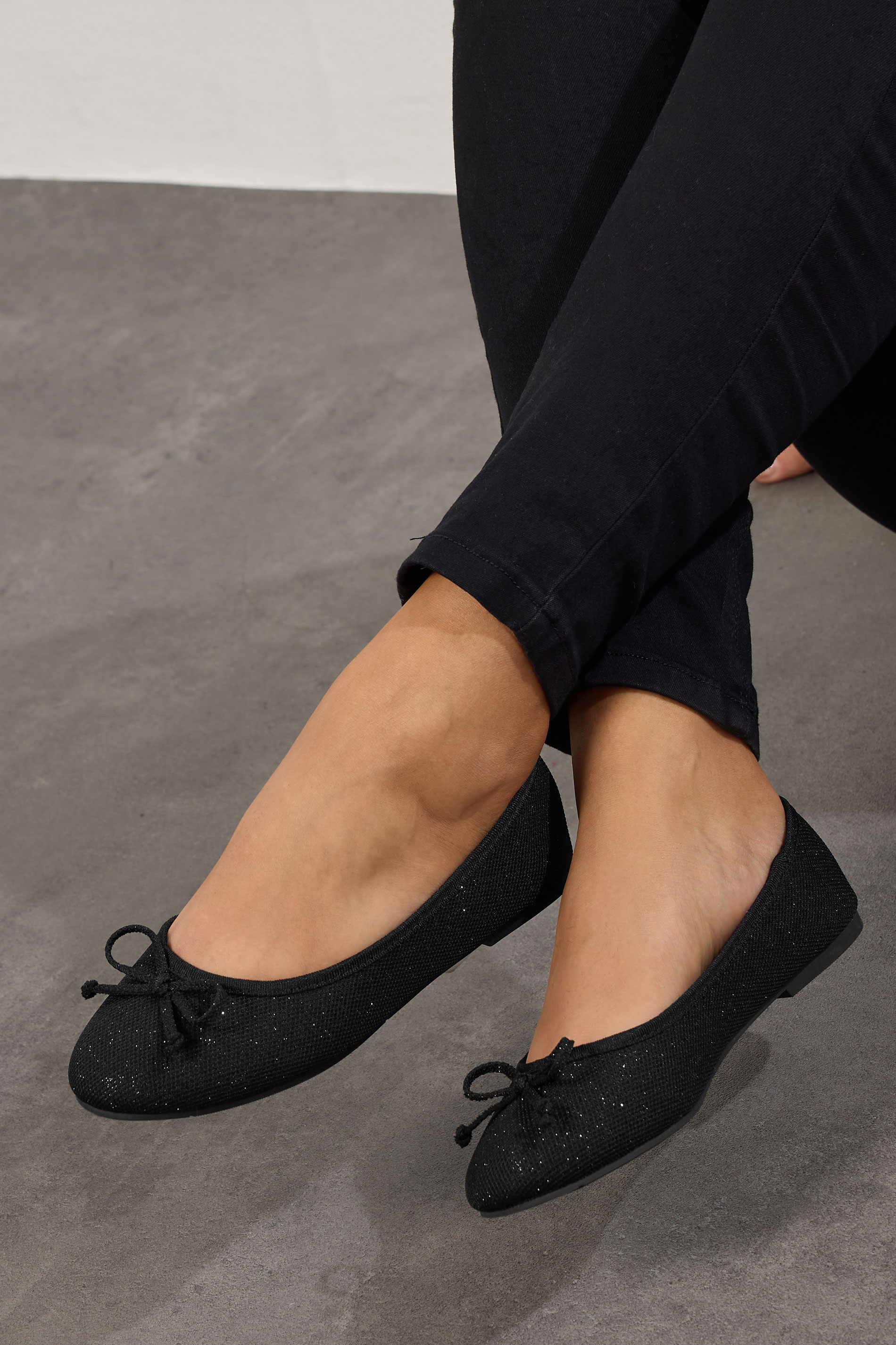 Black Glitter Ballet Pumps In Extra Wide EEE Fit | Yours Clothing 1