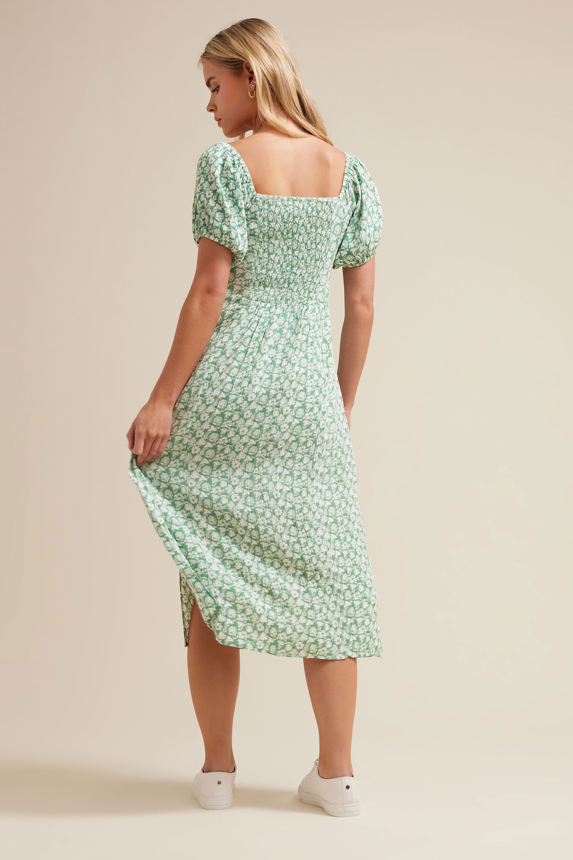 PixieGirl Petite Women's Mint Green Floral Tie Front Midi Dress | PixieGirl 4