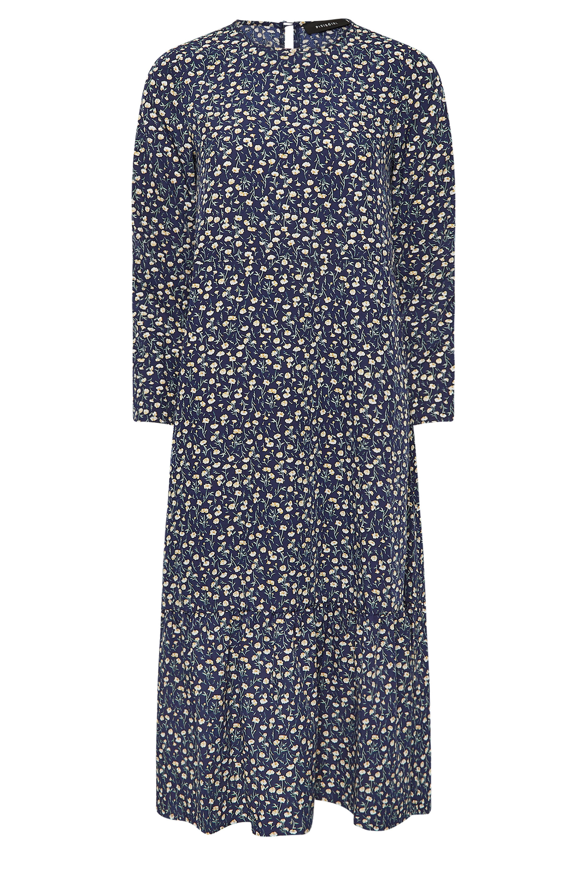 PixieGirl Petite Women's Navy Blue Floral Tiered Midaxi Dress | PixieGirl 6