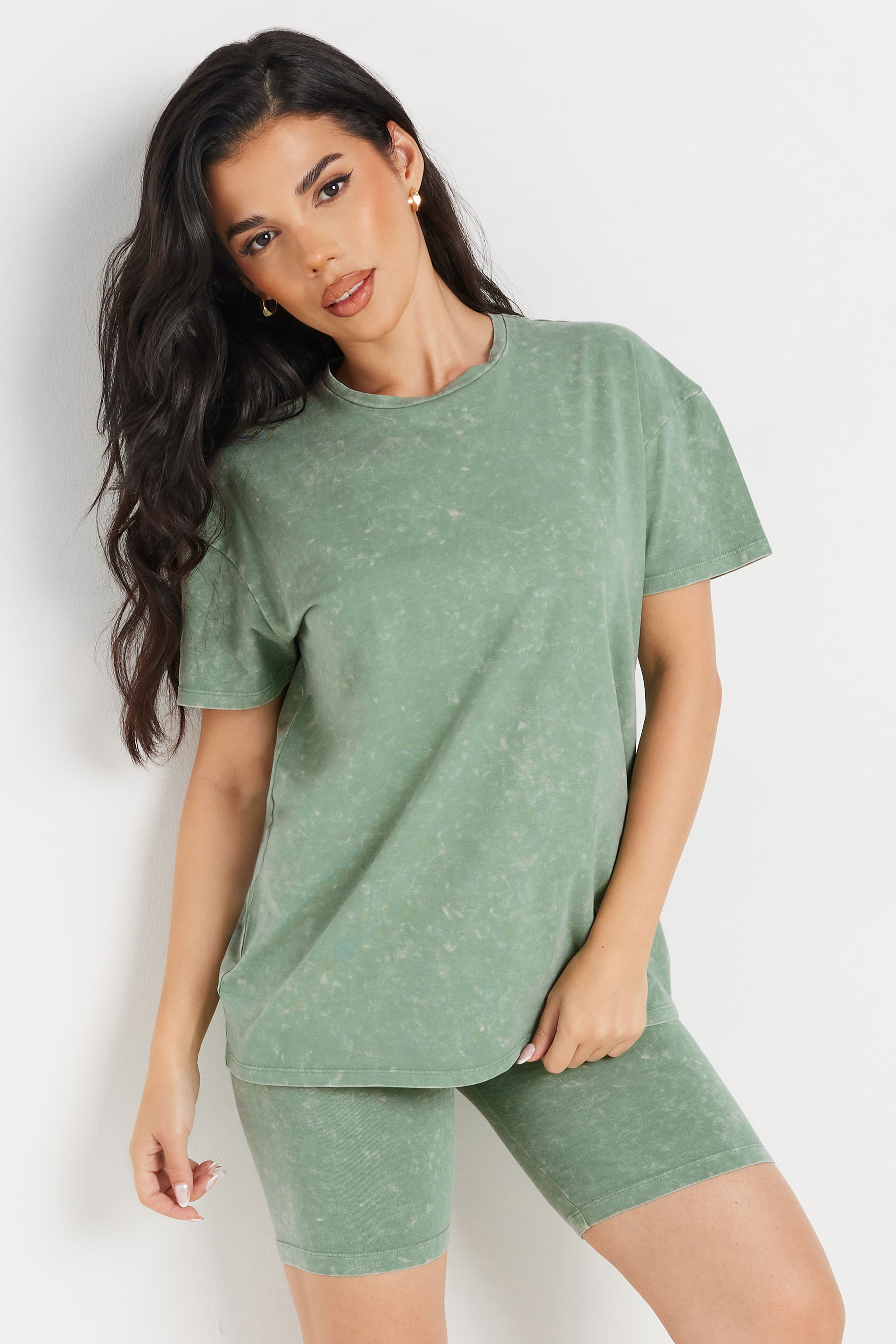 PixieGirl Petite Women's Green Acid Wash T-Shirt & Cycling Short Set | PixieGirl 1