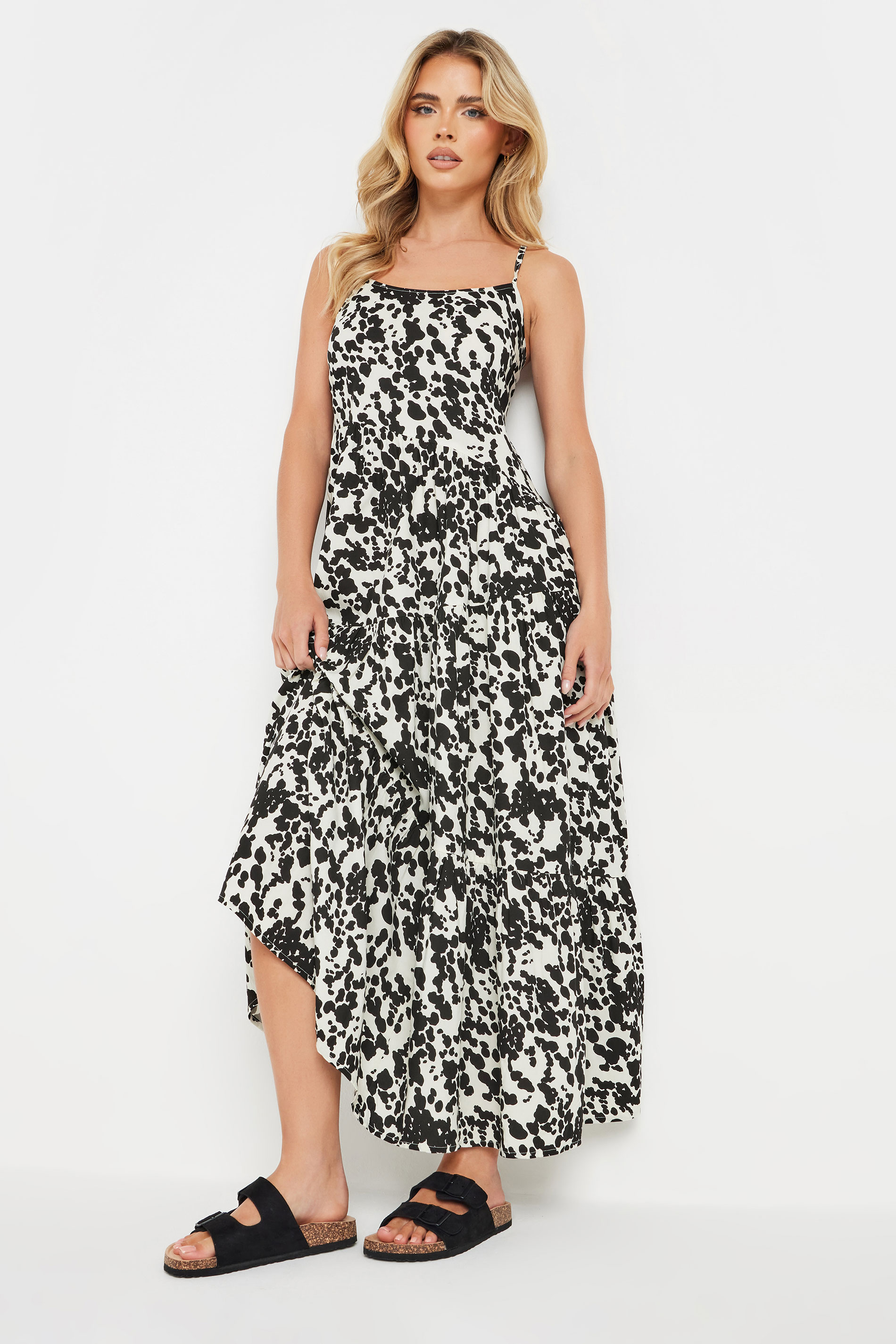 PixieGirl Petite Women's Black & White Cow Print Asymmetric Tiered Dress | PixieGirl 3