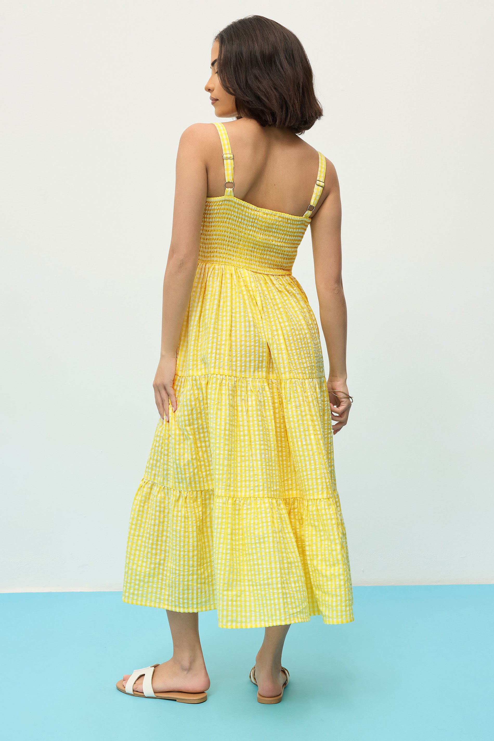 PixieGirl Petite Women's Yellow Gingham Tie Front Midaxi Dress | PixieGirl 4