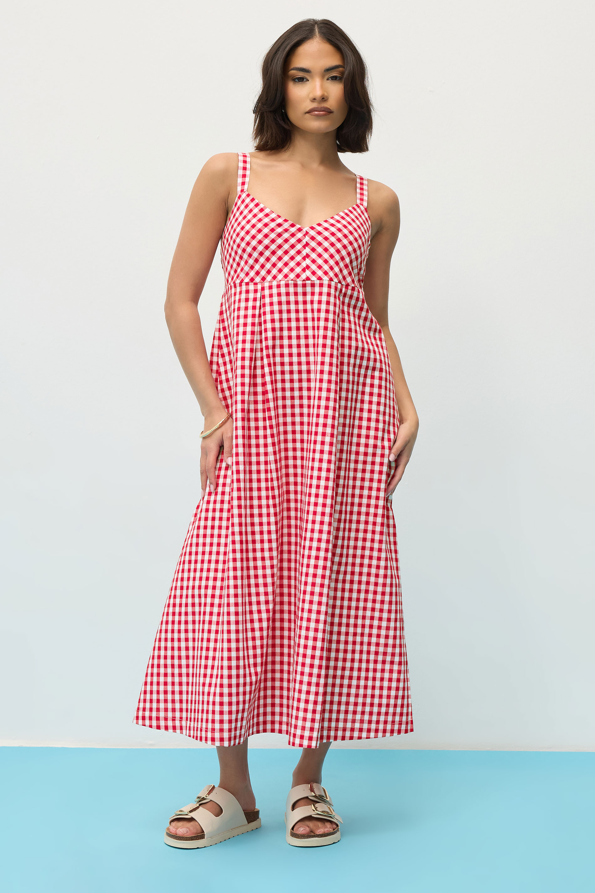 PixieGirl Petite Women's Red Gingham Strappy Midi Dress | PixieGirl 2