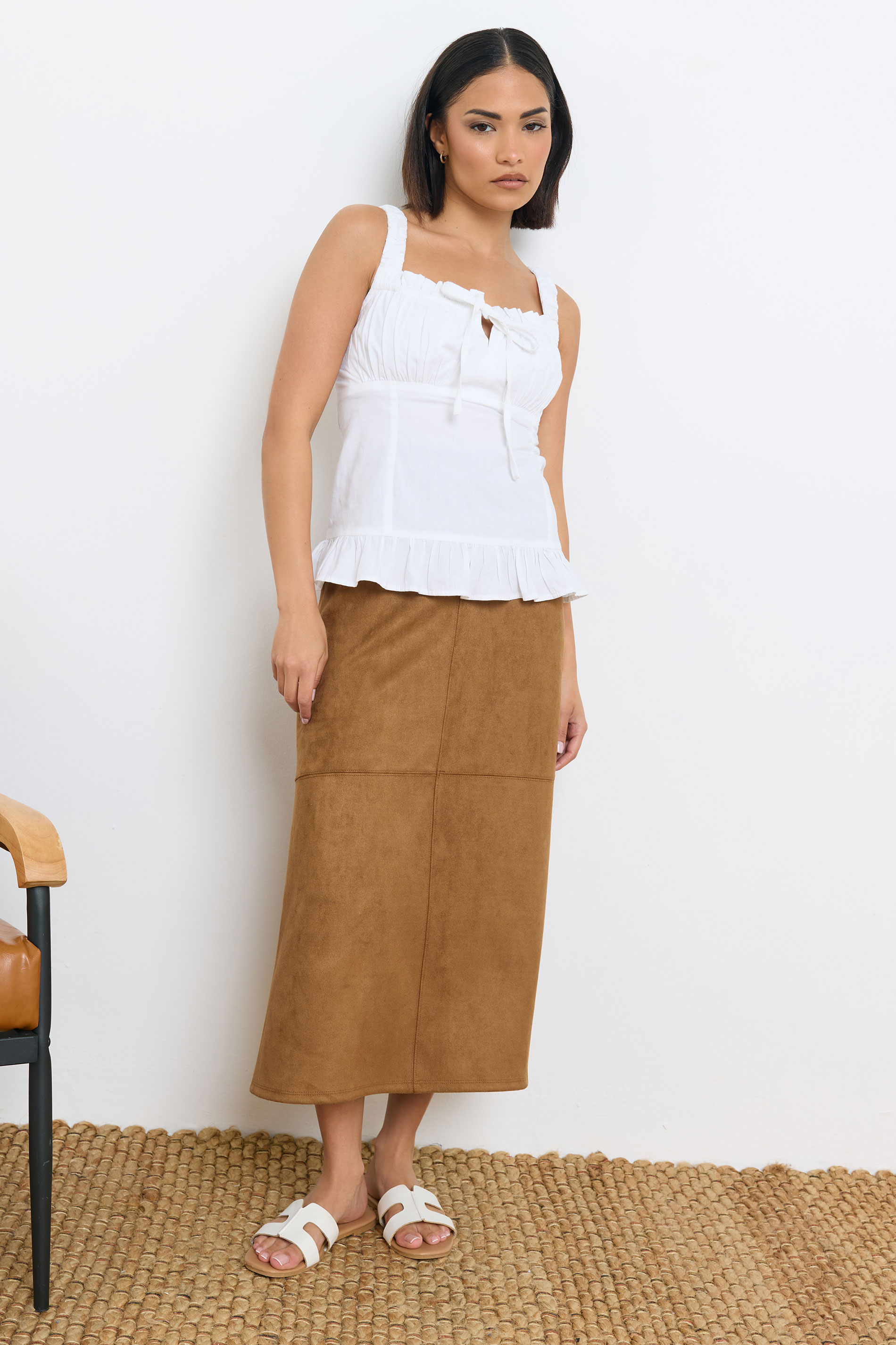 PixieGirl Petite Women's Camel Brown Suedette Midi Skirt | PixieGirl 2