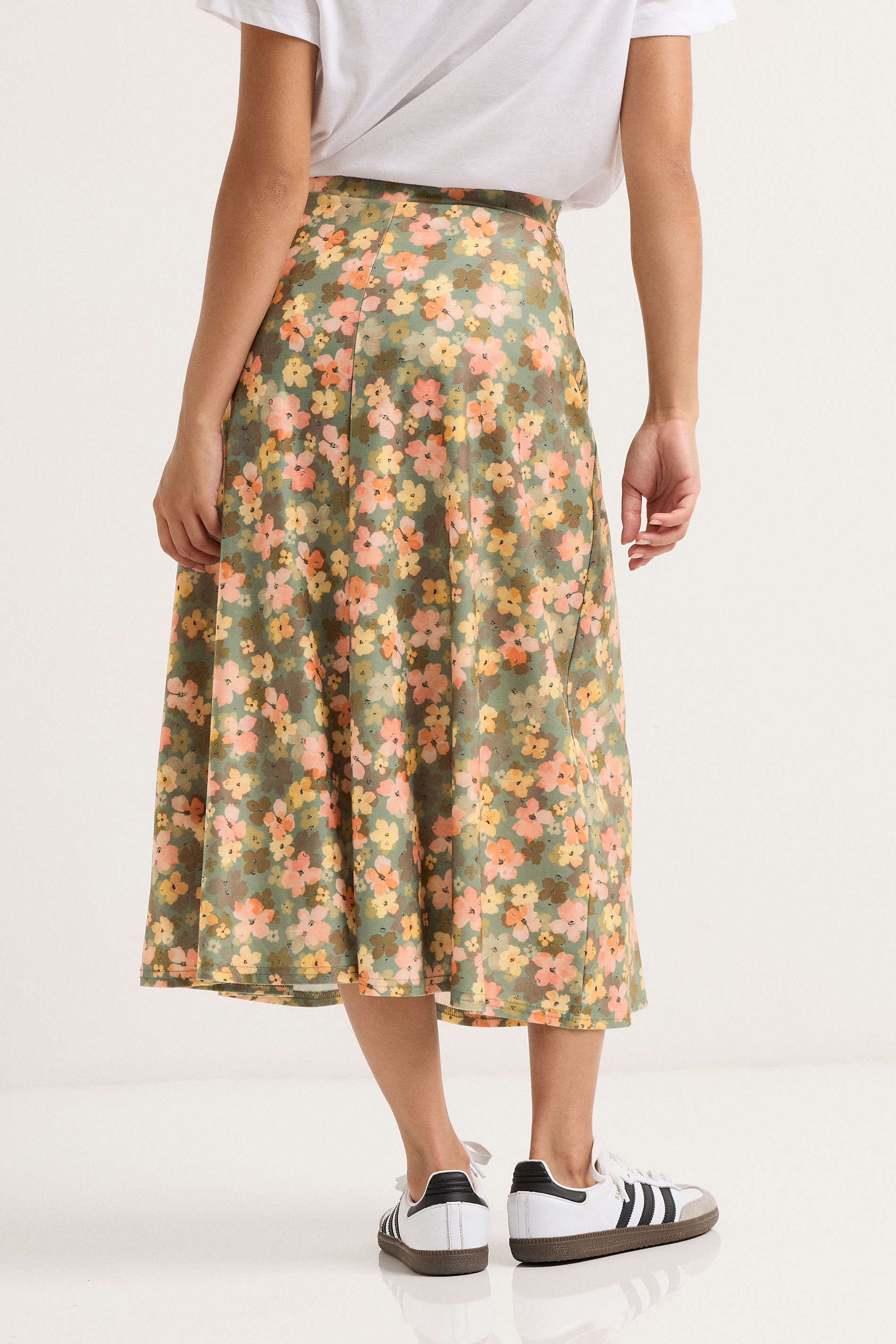 PixieGirl Petite Women's Green Floral Belt Tie Midi Skirt | PixieGirl 3