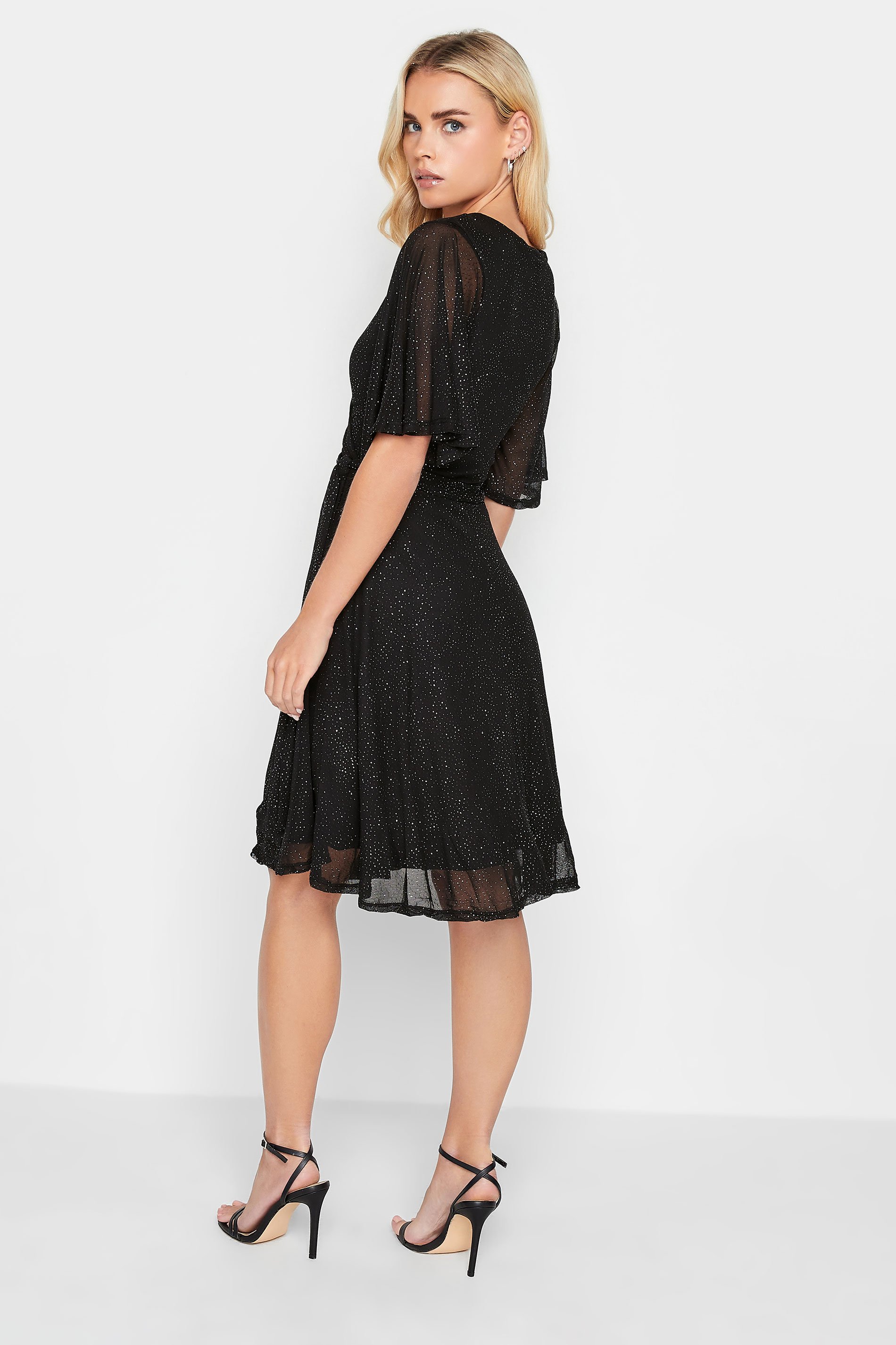 Petite Black Glitter Mesh Sleeve Wrap Mini Dress | PixieGirl  3