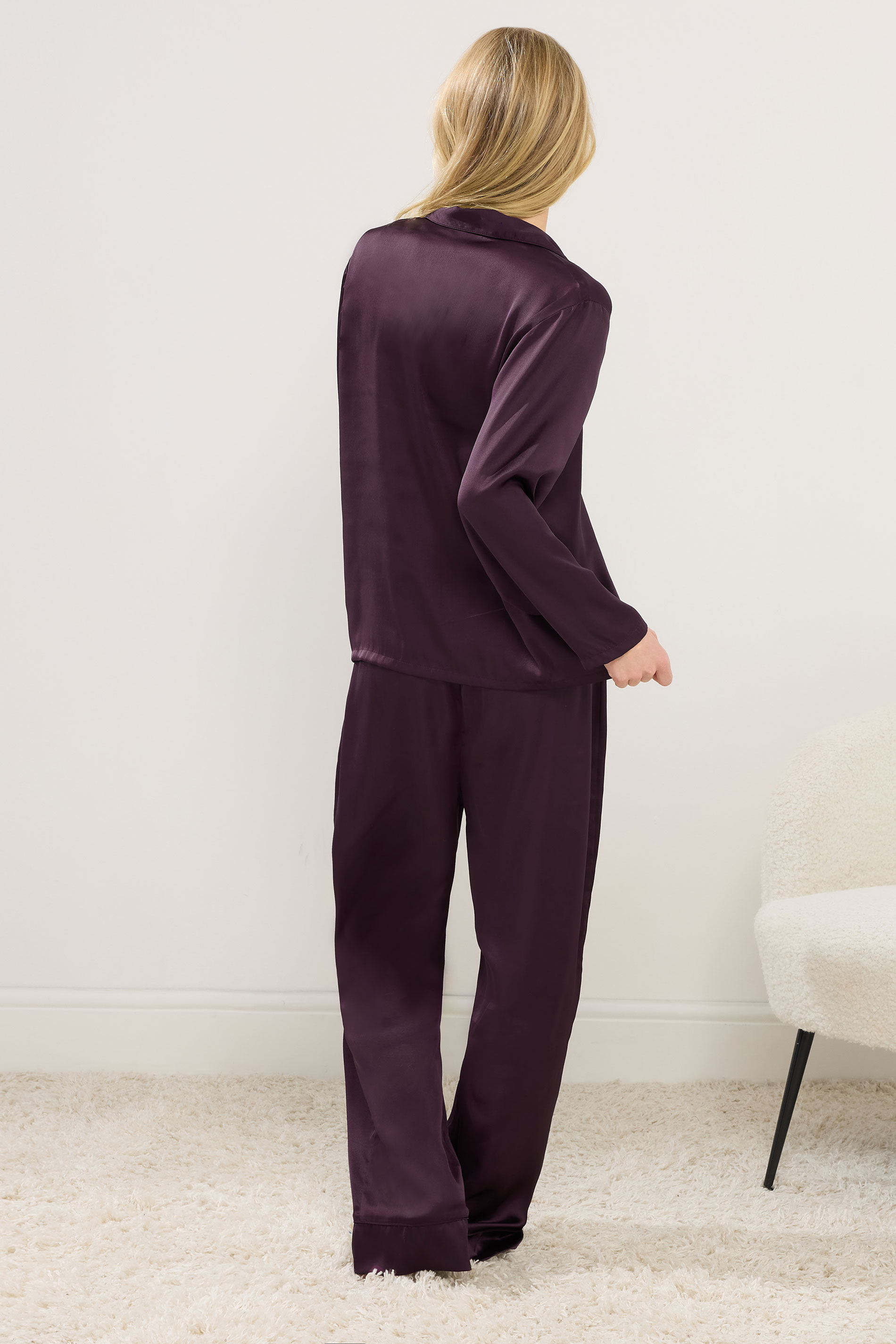 PixieGirl Petite Women's Burgundy Red Satin Button Pyjama Set | PixieGirl 3