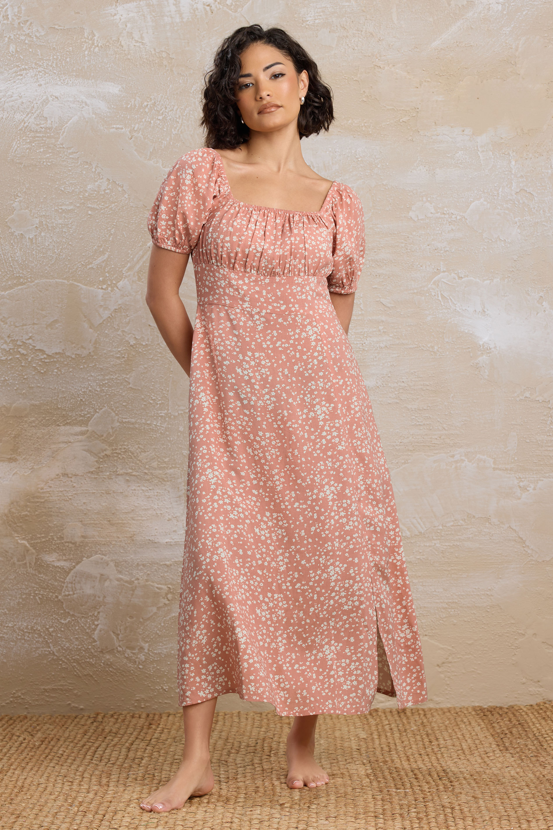 PixieGirl Petite Women's Coral Pink Ditsy Floral Puff Sleeve Midi Dress | PixieGirl 1